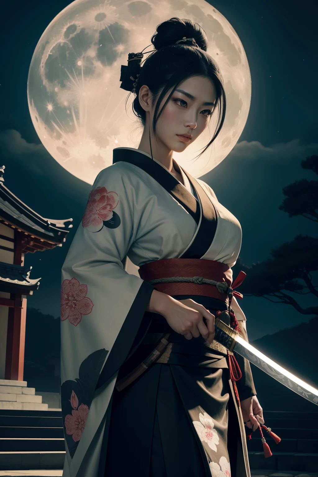 A woman samurai assassin standing in a moonlit garden, Expertly wielding a katana with deadly precision. The killer's eyes sparkle with determination and focus, while your lips are placed in a certain line. The samurai's face is intrinsically detailed, capturing every outline and expression. Ela usa um quimono sexy aberto, adorned with intricate patterns and symbols of his clan.

The artwork is created in a medium reminiscent of Japanese inkwash paintings.., with bold brush strokes and a monochrome color palette. The artist's masterful technique brings out the intensity and power of the samurai's presence.

The garden around the samurai is meticulously designed, with lush vegetation and delicate cherry blossoms. A full moon shines brightly in the night sky, casting a soft glow on the scene and lighting the path of the assassin. The atmosphere is filled with an air of mystery and danger, Adding to the tension of the moment.

The image is of the highest quality, with every detail captured flawlessly in ultra-high resolution. The textures on the kimono and the intricate patterns are rendered with extreme precision. The lighting is carefully crafted to enhance the dramatic effect, com sombras profundas e destaques sutis.

Geral, The artwork exudes a sense of elegance and power, combining traditional Japanese aesthetics with a touch of modernity. The monochrome color palette, combinado com os detalhes requintados, creates a captivating and immersive experience for the viewer.