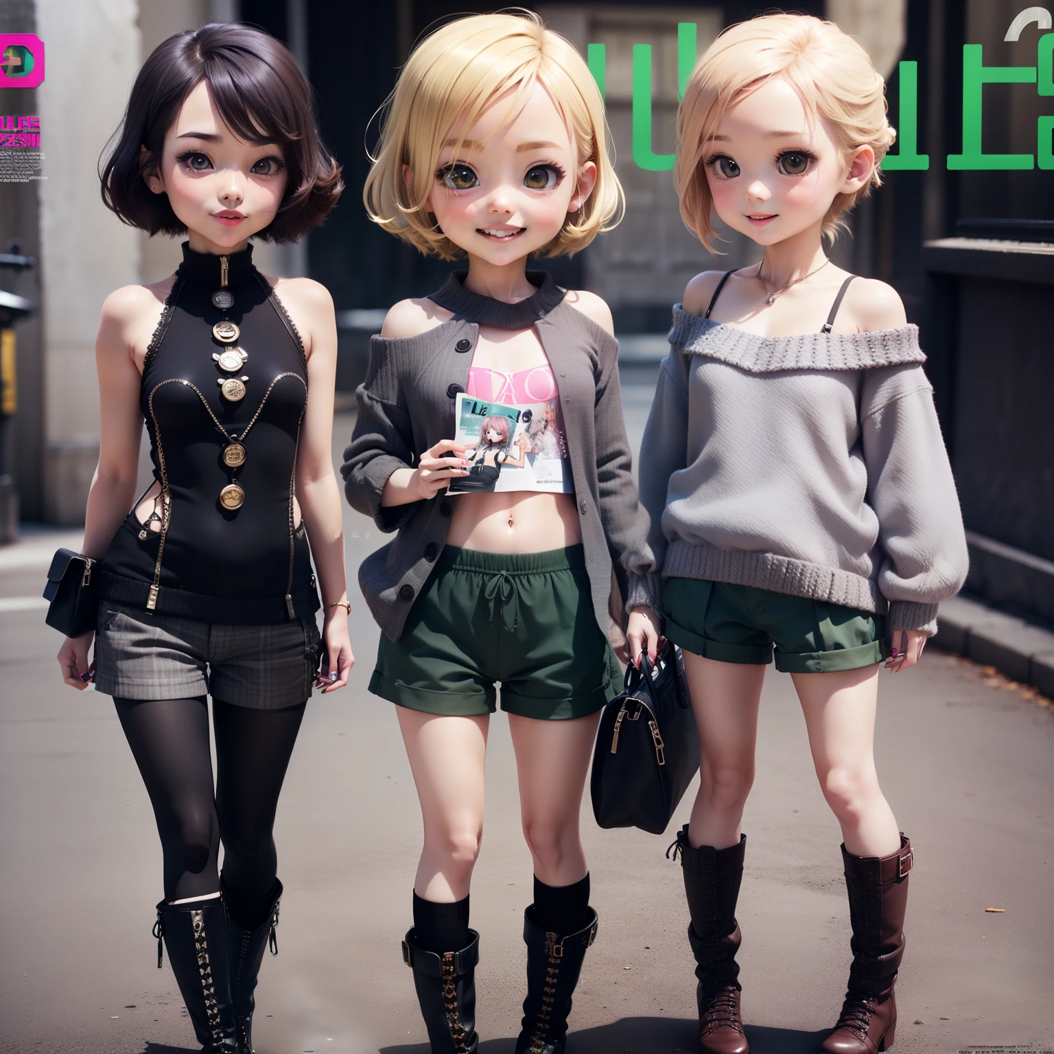 (((Chibi 3D))) (Best Quality), (masutepiece)、(Alone:1.5)Gray shoulder knit、(Glen plaid shorts over dark green tights: 1.5)(Fashion magazine cover style:1.7) 、Alone、Open your mouth and smile、A detailed face、Laced boots