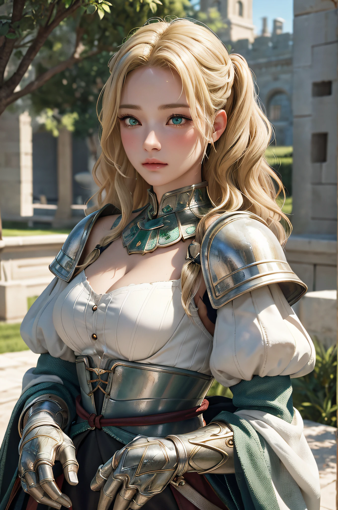 1girl, masterpiece, best quality, 8k, detailed skin texture, detailed cloth texture, beautiful detailed face, intricate details, ultra detailed, a european girl, green eyes, blonde curly hai, 3D character, Medieval Knight