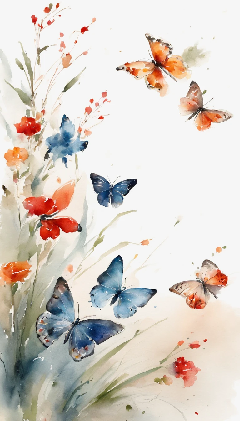 There is a painting of butterflies resting on flowers, The image is in the lower right corner，Lots of white space，Cheng Jiasui's minimalist paintings, Tumblr, Minimalism, Chinese watercolor style, Chinese style painting, Chinese painting style, beautiful iphone wallpaper, Chinese painting, wallpaper art, Traditional Chinese painting, Middle metaverse, Chinese ink painting, Minimalist background, wallpaper mobile, amazing wallpapers