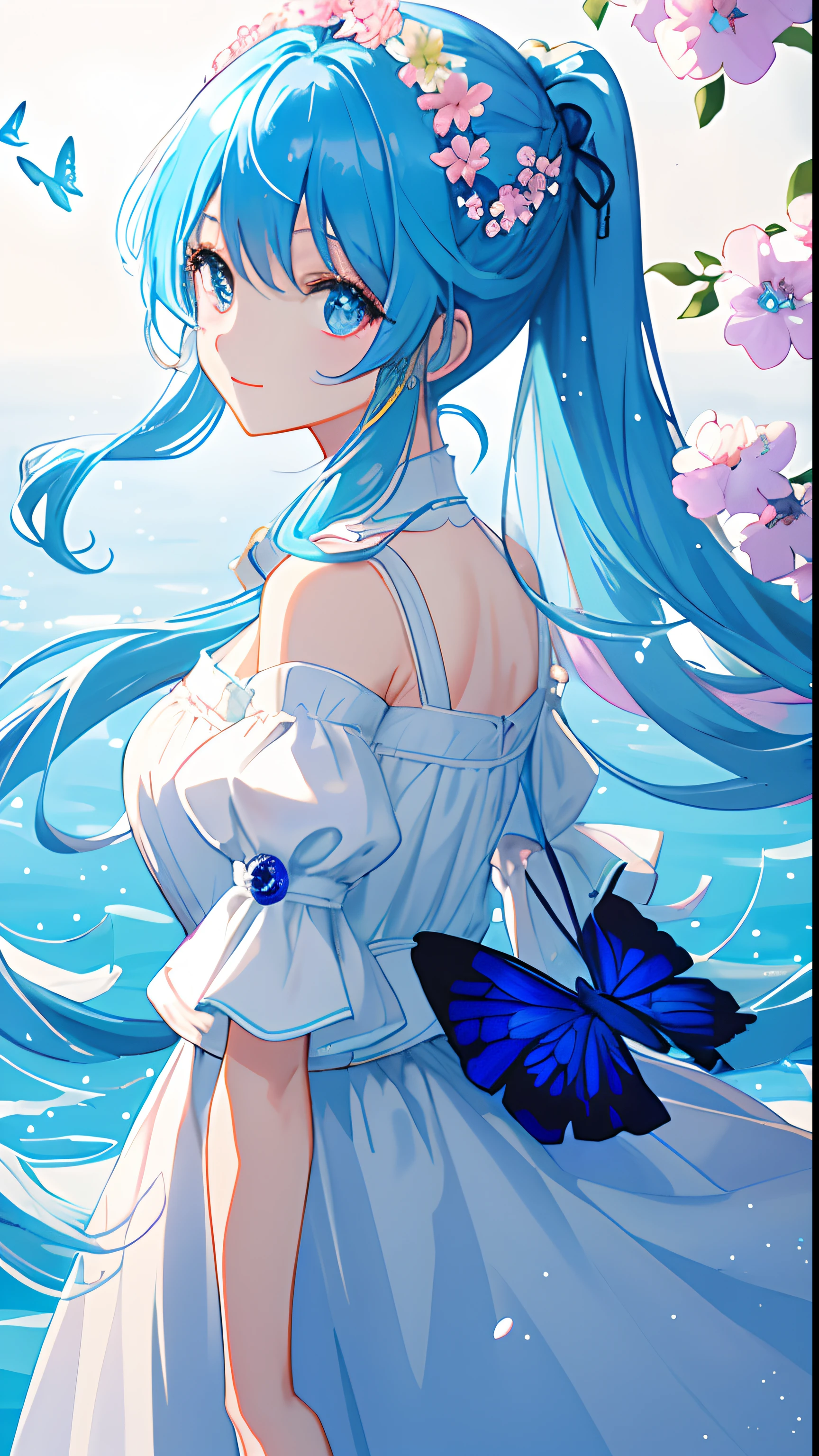 (masterpiece)、(best qualtiy)、(ultra-detailliert)、(dishevled hair)、(illustratio)、(1 girl in)、(Fashionable clothes)、is standing、fashion modell、see the beholder、(interview)、(simple background)、Fine and beautiful eyes、Delicate beautiful face、Planktonic、(a high chroma)、(colorful water splash)、colorful bubble、(brilliance)、Focus on Face、poneyTail、Kamisato colorful flowers、lightblue hair、bangss、hair rings、Floating flowers、Floating hairs、(Shines)、The best lighting、Best Shadows、Blue butterfly in the upper left corner of the screen、ssmile、40 screens%Background