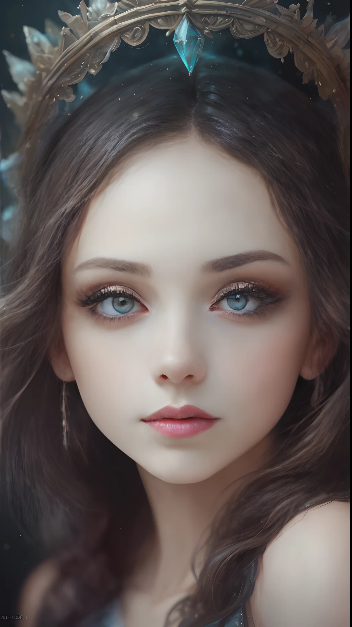 (Best quality, 4K, 8K, A high resolution, Masterpiece:1.2), Ultra-detailed, Realistic portrait, Beautifully detailed eyes, beautiful detailed lips, Detailed expression, Graceful posture, subtly lit, Dreamy atmosphere, Dark-toned background, expressive brush strokes, mystical ambiance, Artistic interpretation, Stunning Studio Ghibli style costumes, a whimsical illustration, Subtle colors and tones, mystical aura,