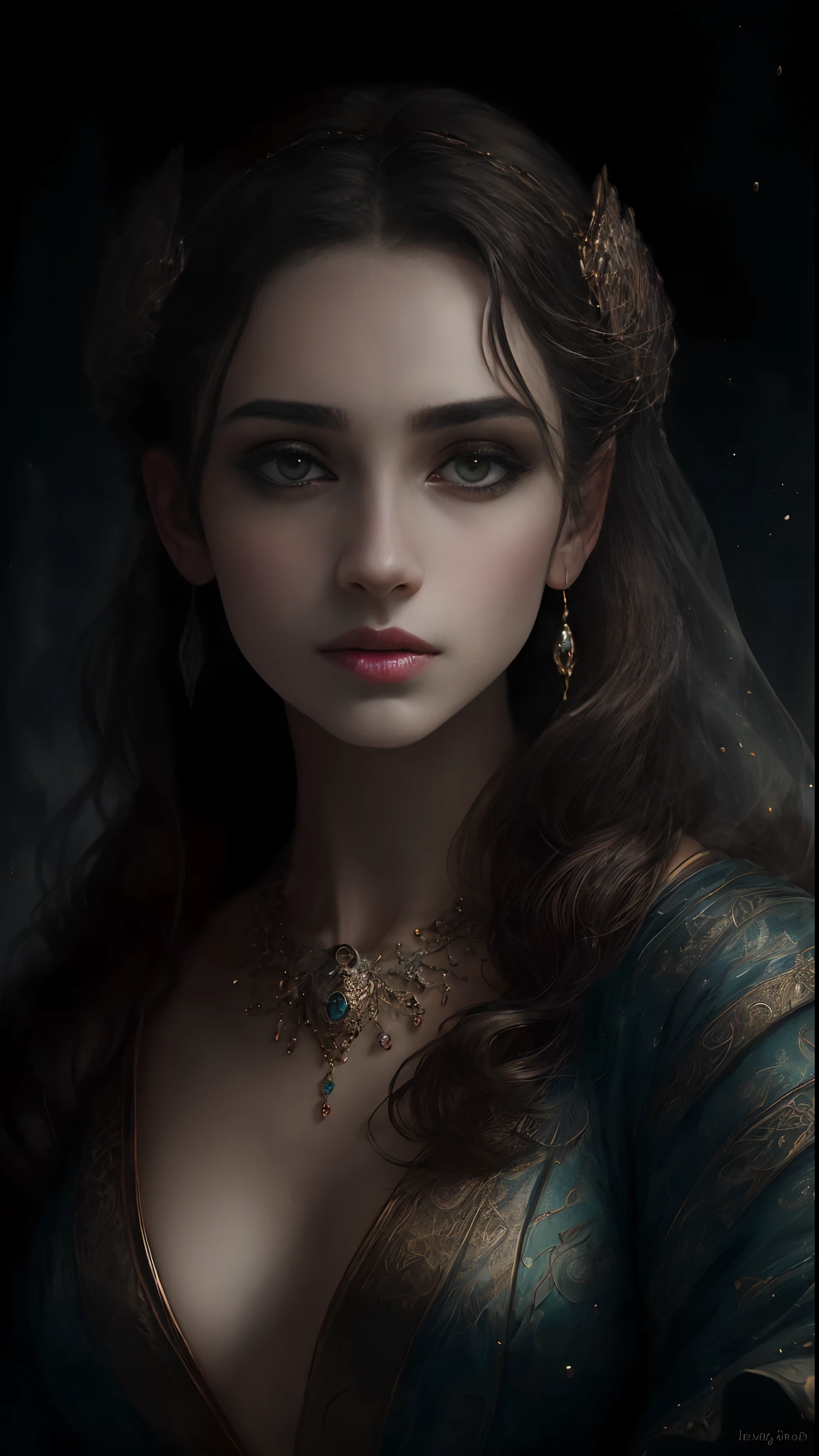 (Best quality, 4K, 8K, A high resolution, Masterpiece:1.2), Ultra-detailed, Realistic portrait, Beautifully detailed eyes, beautiful detailed lips, Detailed expression, Graceful posture, subtly lit, Dreamy atmosphere, Dark-toned background, expressive brush strokes, mystical ambiance, Artistic interpretation, Stunning Studio Ghibli style costumes, a whimsical illustration, Subtle colors and tones, mystical aura,