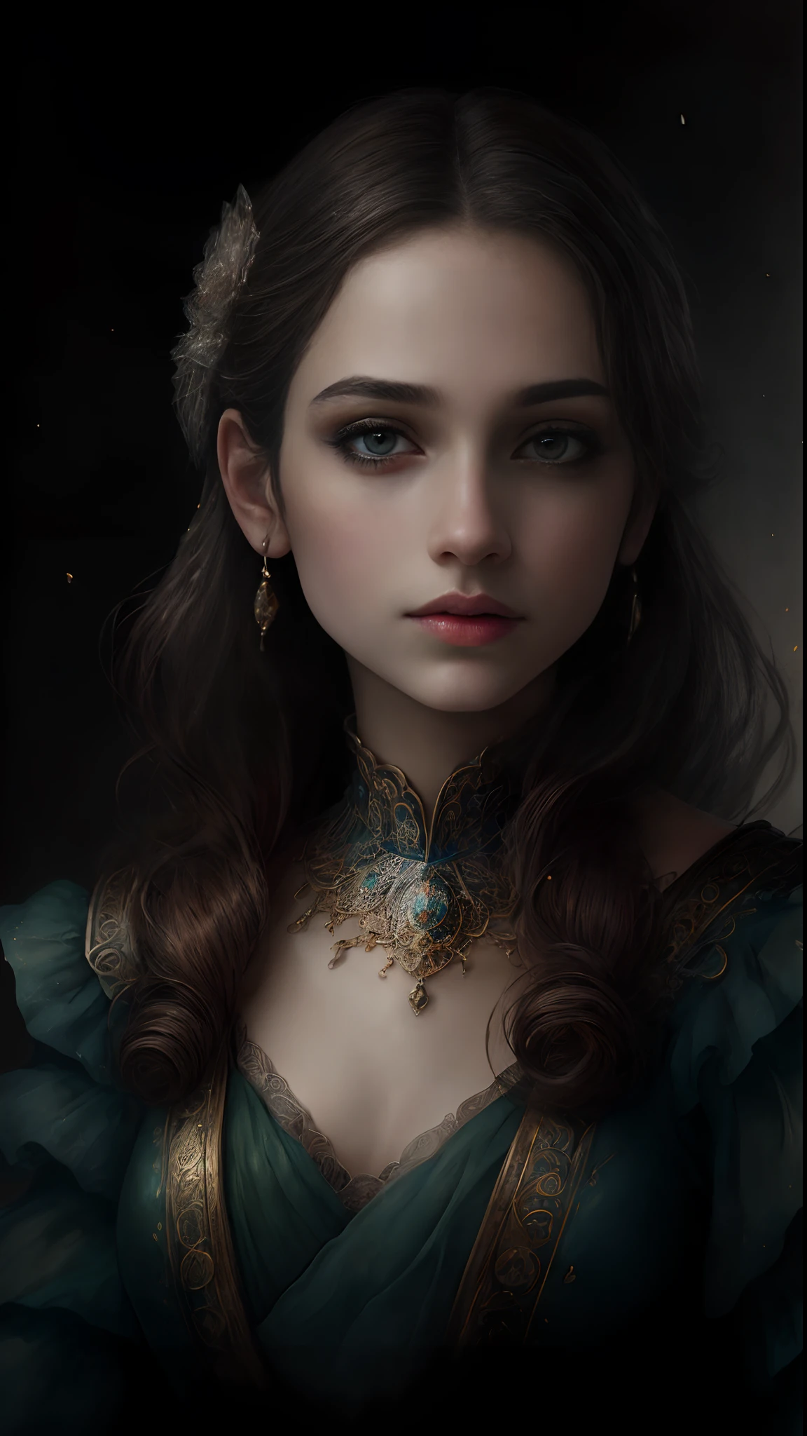 (Best quality, 4K, 8K, A high resolution, Masterpiece:1.2), Ultra-detailed, Realistic portrait, Beautifully detailed eyes, beautiful detailed lips, Detailed expression, Graceful posture, subtly lit, Dreamy atmosphere, Dark-toned background, expressive brush strokes, mystical ambiance, Artistic interpretation, Stunning Studio Ghibli style costumes, a whimsical illustration, Subtle colors and tones, mystical aura,