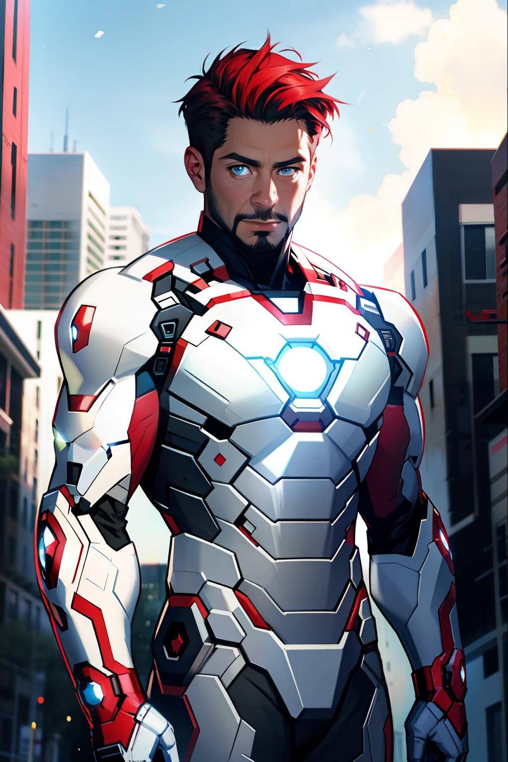 hyper details, hyper quality, ultra resolution, Marvel style, 8k, masterpiece, (1Man in (White Armor) similar [iron man] color:(black with red accents):1.2), (blue eyes):1.2, (hair slicked back:1,2), (short hair color blue):1.2, beard short, (western appearance):1.2, perfect_anatomy, perfect_hands, perfect_suit, front_face:1.2, (destroyed city scenery), Tony Stark