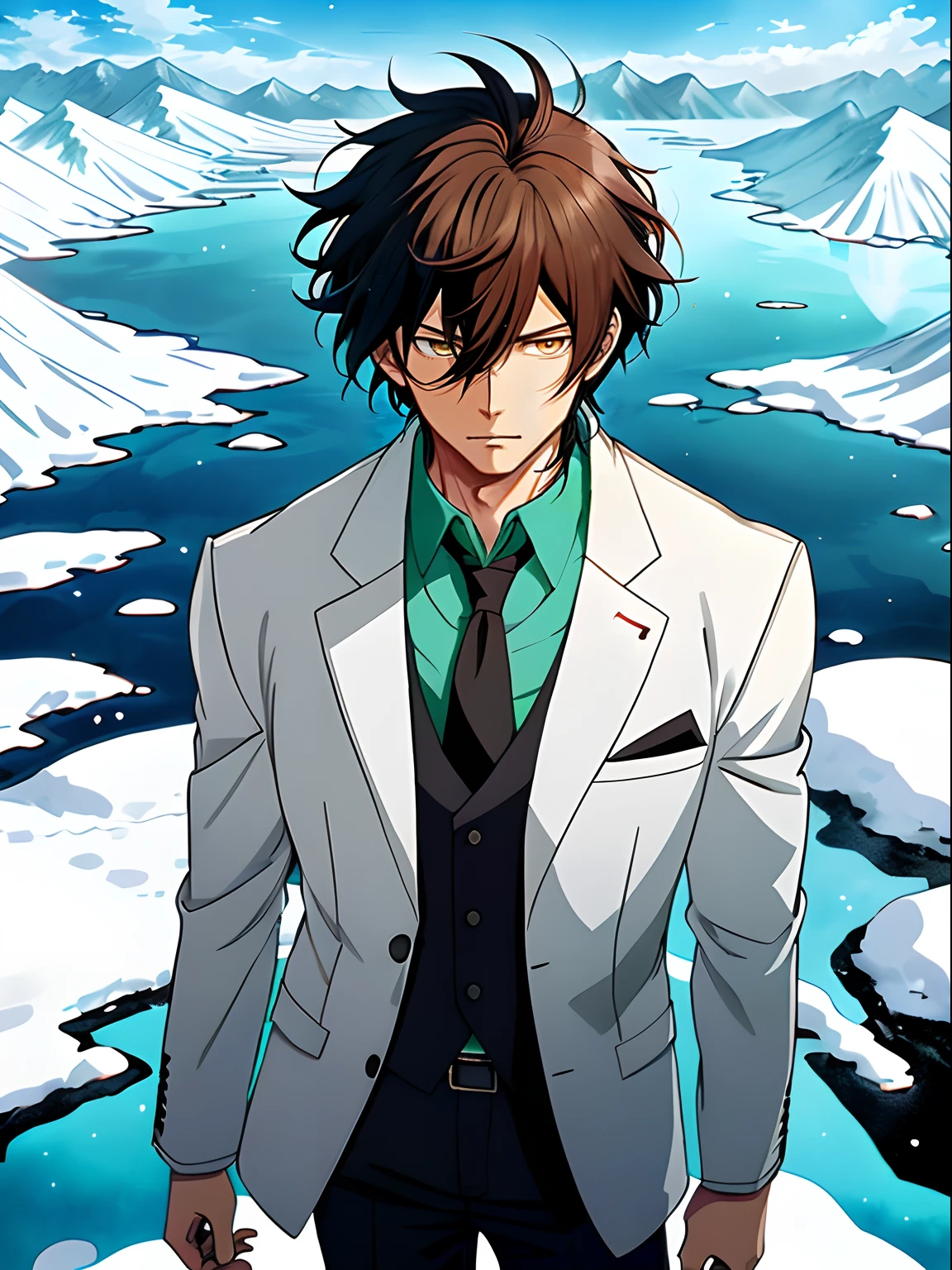 Anime image of a brown-haired man in a white suit and blue tie standing under a snowy mountain,by lake, Shinkai sincerely, New Xiangcheng, Honest, ryuta ueda artwork, offcial art, Anime handsome man, inspired by Hisui Sugiura, koyoharu gotouge, inspired by Okumura Togyu, hijikata toushirou, makoto kano
