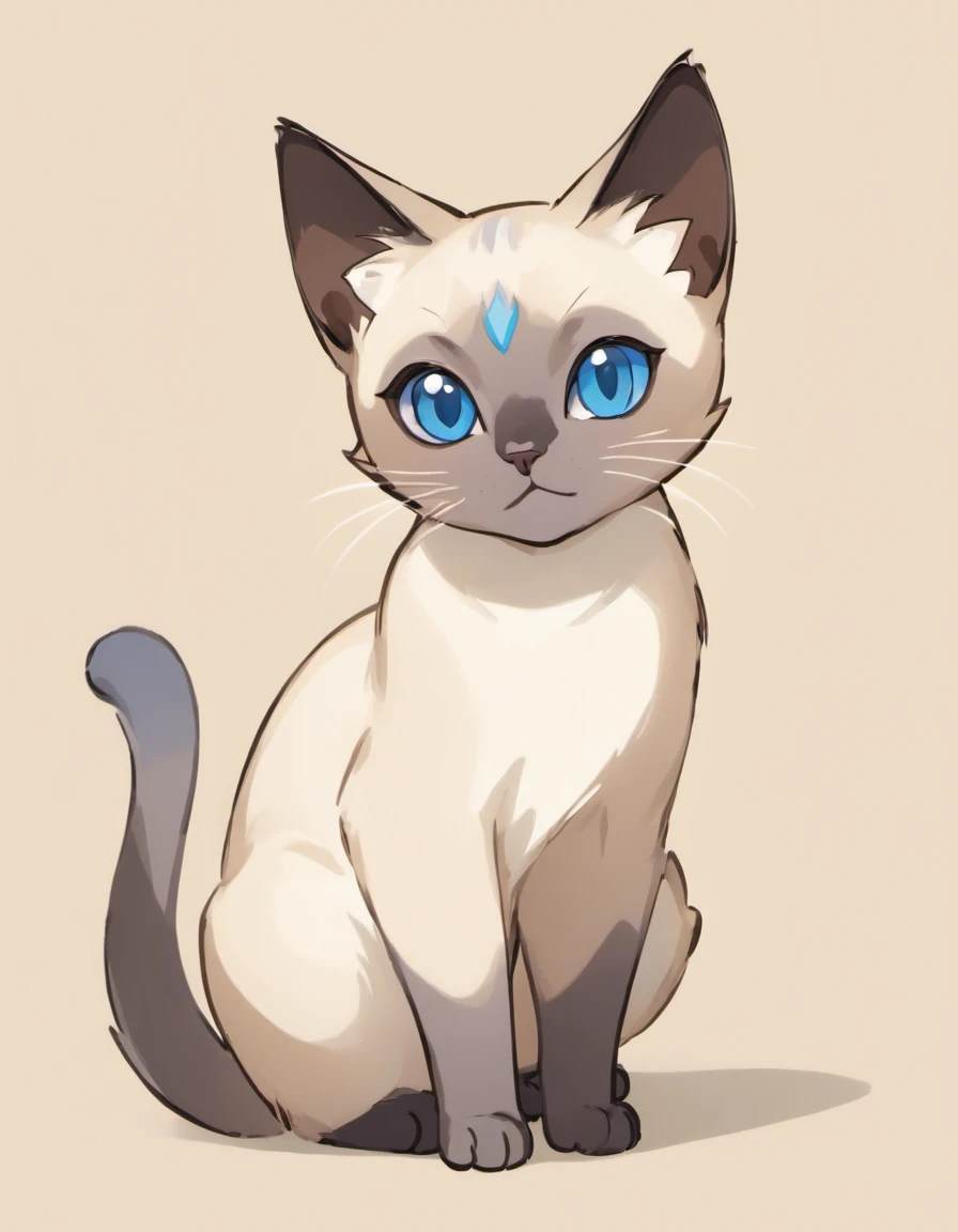 A Siamese cat drawn by the pokemon artist sowsow on a white background, Certainly! Here's a description of a Siamese cat:

**Siamese Cat Description:**

The Siamese cat is a striking and elegant breed known for its distinctive appearance and charming personality. This feline beauty boasts a medium to small-sized body with a lithe and graceful build. Its fine-boned structure lends it an air of refinement.

**Coat:** The Siamese cat's coat is short, sleek, and close-lying to its body. Its fur is incredibly soft to the touch and exhibits a coloration pattern known as "color points." This means that the cat's ears, face, paws, and tail are darker in color than the rest of its body. Common Siamese coat colors include seal point (dark brown points), blue point (gray-blue points), chocolate point (light brown points), and lilac point (pale gray points).

**Face:** The Siamese cat's most captivating feature is its striking face. It boasts an angular and wedge-shaped head, with large, almond-shaped, vivid blue eyes that are the window to its expressive soul. These beautiful blue eyes are a hallmark of the breed and are accentuated by dark eyeliner-like markings around them.

**Ears:** Siamese cats have large, pointed ears that complement their triangular head shape. These ears are adorned with tufts of fur at the tips, adding to their allure.

**Tail:** The Siamese cat's tail is long, slender, and tapers to a fine point, echoing the coloration of the points found on its face, ears, and paws.

**Personality:** Siamese cats are renowned for their sociable and vocal nature. They are affectionate and enjoy being the center of attention. These cats are known for their strong bonds with their human companions and often follow them around the house, engaging in conversation with their melodious, chatty voices. Siamese cats are intelligent, curious, and playful, making them wonderful companions for interactive play.

The cat is smiling, and happy, the cat has light blue colored eyes