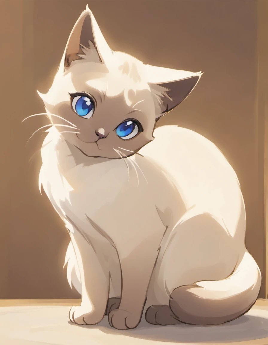 A Siamese cat drawn by the pokemon artist sowsow on a white background, Certainly! Here's a description of a Siamese cat:

**Siamese Cat Description:**

The Siamese cat is a striking and elegant breed known for its distinctive appearance and charming personality. This feline beauty boasts a medium to small-sized body with a lithe and graceful build. Its fine-boned structure lends it an air of refinement.

**Coat:** The Siamese cat's coat is short, sleek, and close-lying to its body. Its fur is incredibly soft to the touch and exhibits a coloration pattern known as "color points." This means that the cat's ears, face, paws, and tail are darker in color than the rest of its body. Common Siamese coat colors include seal point (dark brown points), blue point (gray-blue points), chocolate point (light brown points), and lilac point (pale gray points).

**Face:** The Siamese cat's most captivating feature is its striking face. It boasts an angular and wedge-shaped head, with large, almond-shaped, vivid blue eyes that are the window to its expressive soul. These beautiful blue eyes are a hallmark of the breed and are accentuated by dark eyeliner-like markings around them.

**Ears:** Siamese cats have large, pointed ears that complement their triangular head shape. These ears are adorned with tufts of fur at the tips, adding to their allure.

**Tail:** The Siamese cat's tail is long, slender, and tapers to a fine point, echoing the coloration of the points found on its face, ears, and paws.

**Personality:** Siamese cats are renowned for their sociable and vocal nature. They are affectionate and enjoy being the center of attention. These cats are known for their strong bonds with their human companions and often follow them around the house, engaging in conversation with their melodious, chatty voices. Siamese cats are intelligent, curious, and playful, making them wonderful companions for interactive play.

The cat is smiling, and happy, the cat has light blue colored eyes