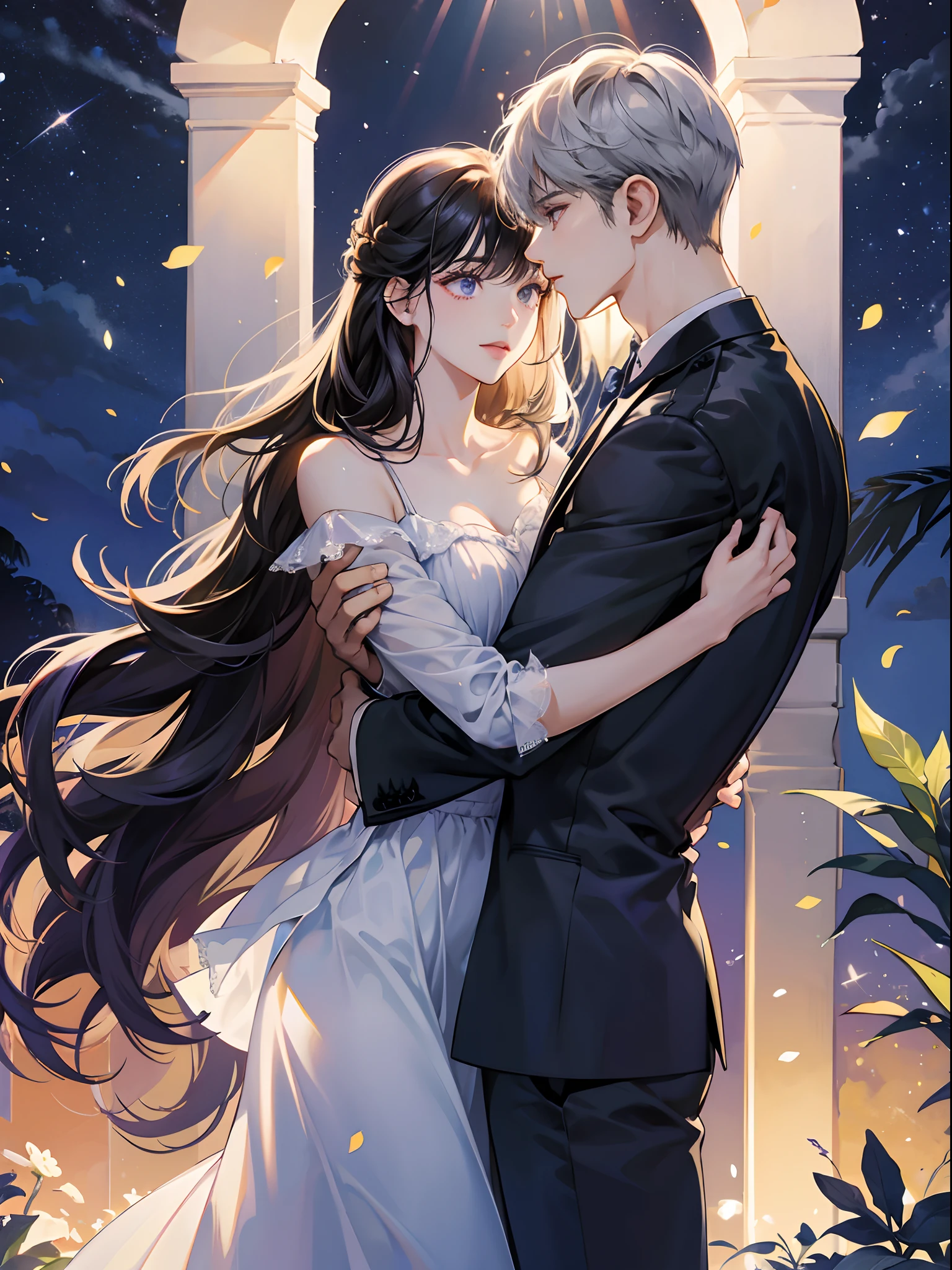 night,rays of moonlight,couple,hugs,Short black hair for boys,Girls purple long dress