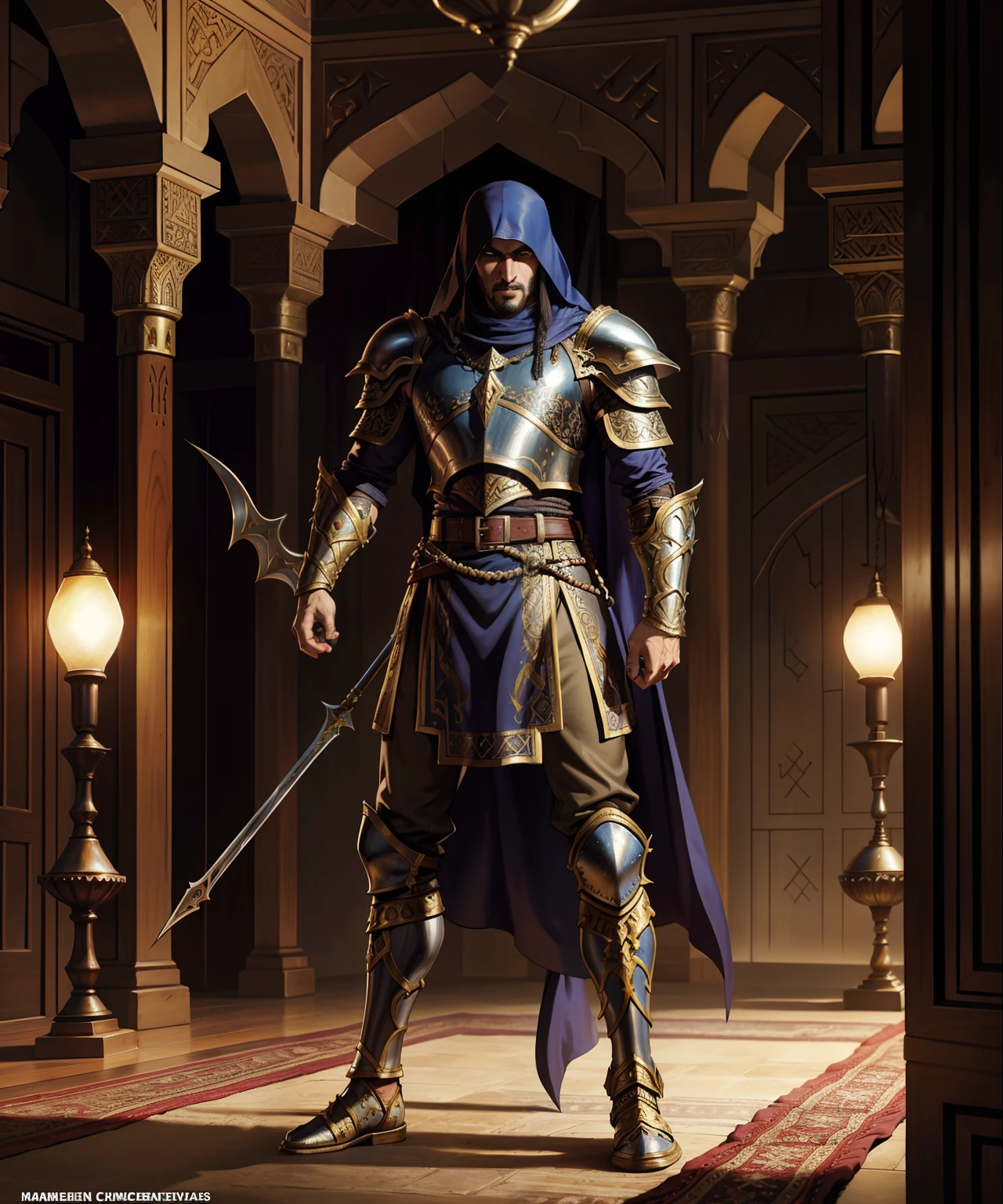 Arabian moroccan handsome warrior leather Armor Castlevania Lord of the shadows hyper realistic super detailed in riad islamic room with demons