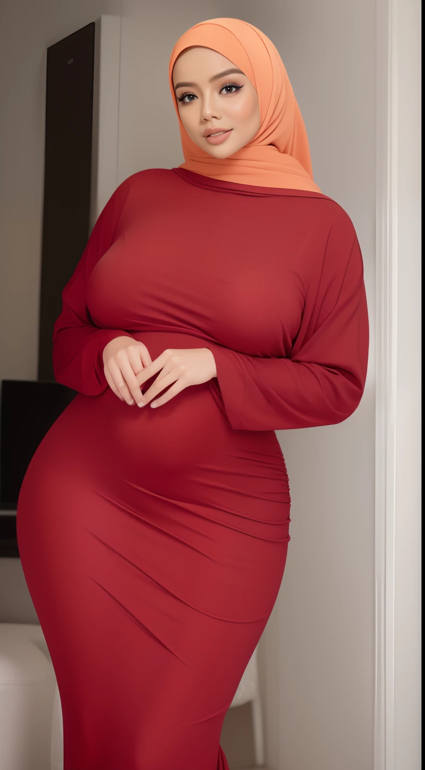 (NSFW,highres:1.2),1 girl,perfect body shape, slim waist, curvy hourglass figure, full body picture, skinny waist and thick hips,full body view,big boobs,wearing tight dress,beautiful detailed eyes,long eyelashes,natural makeup,soft smile,she has a jiggly fat round belly,vivid colors,studio lighting,physically-based rendering,digital artwork,bokeh