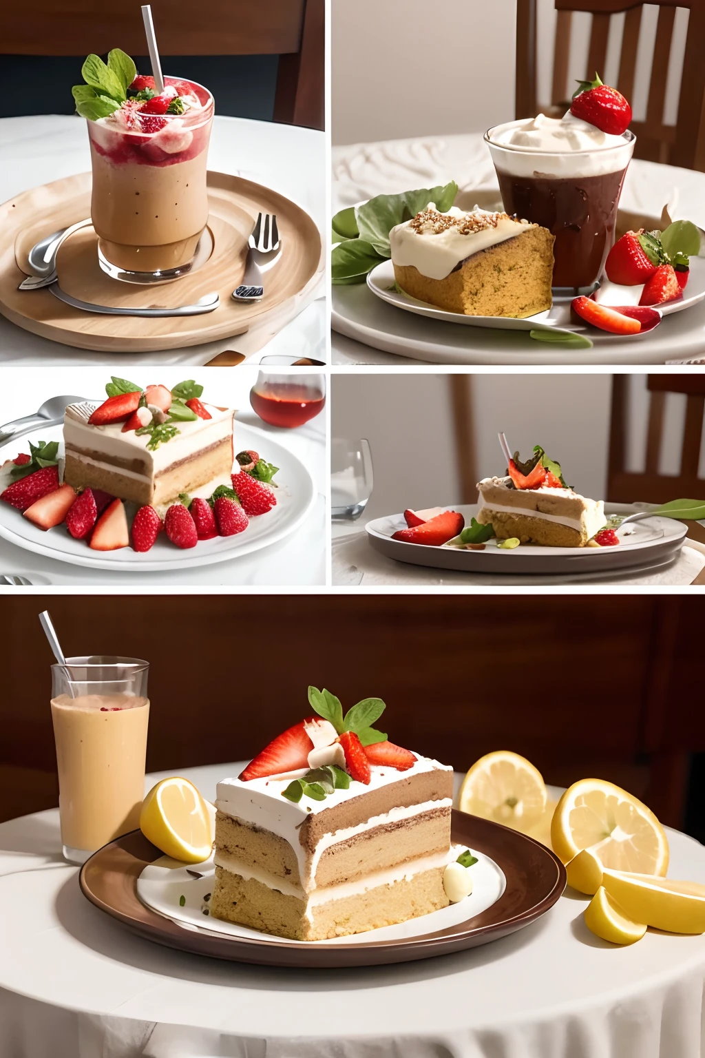 On a table was a glass of juice and a plate of nuts and a plate of vegetable salad and a plate of tiramisu chocolate-filled strawberry cake,Chilled drinks,The table was filled with a variety of fruits,exteriors,Resort hotels,Far Mountain,high definition detail,45-degree top-down shot,ultra-realistic realism,Master composition