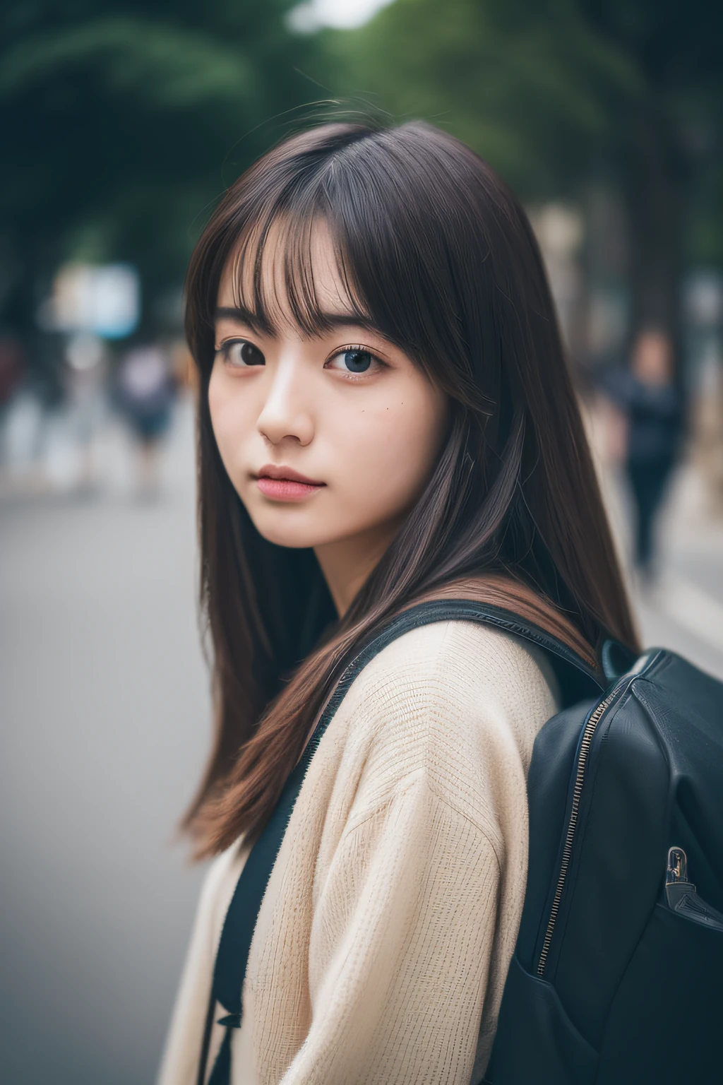 (8K、Raw photography、top-quality、masterpiece:1.2)、25-years old、japanes、1 girl in、Casual Fashion、A detailed face、A detailed eye、Detailed mouth、nogizaka、Standing in front of the sign、Carrying a backpack
