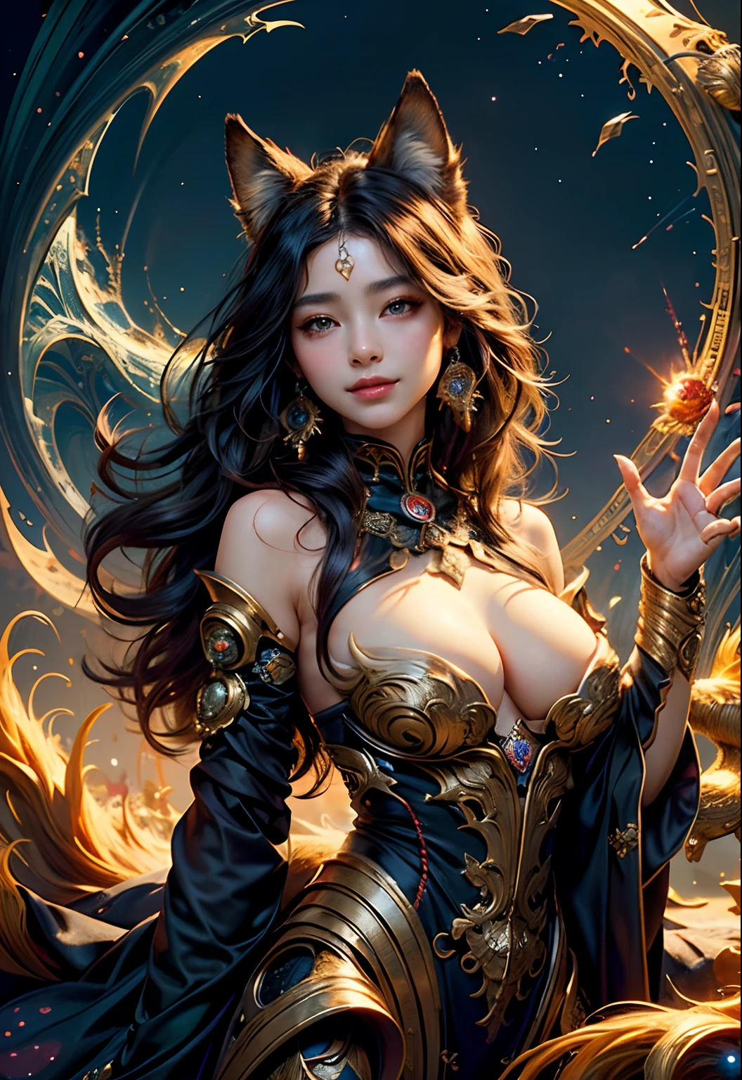 (masterpiece、top-quality、top-quality、Official art、Beautifully Aesthetic:1.2)、(1girl in)、ighly detailed、(Fractal Art:1.3)、colourfull、highestdetailed Black Nine Tail Fox Golden background Soft smile breasts are large Soft expression A smile brack Hair Wave Facing the front Hair is spreading