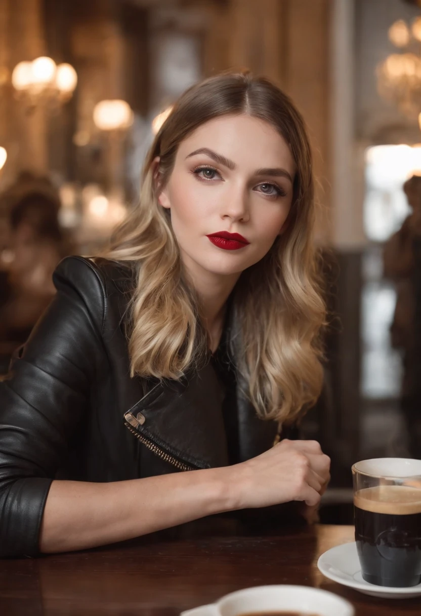 2010s fashion, medium close up, canon ef 85mm f/1.2l ii usm, 2 blond women are sitting with their coffee in a restaurant, wearing a black leather jacket and red lips, emphasis on facial expression, street fashion.