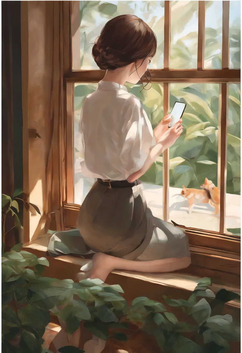 「Girl taking a picture of her thighs from above」 上記の内容を画像生成用のプロンプトで表現してください。英語で。 その際、できる限り詳細な表現となるように工夫してください。