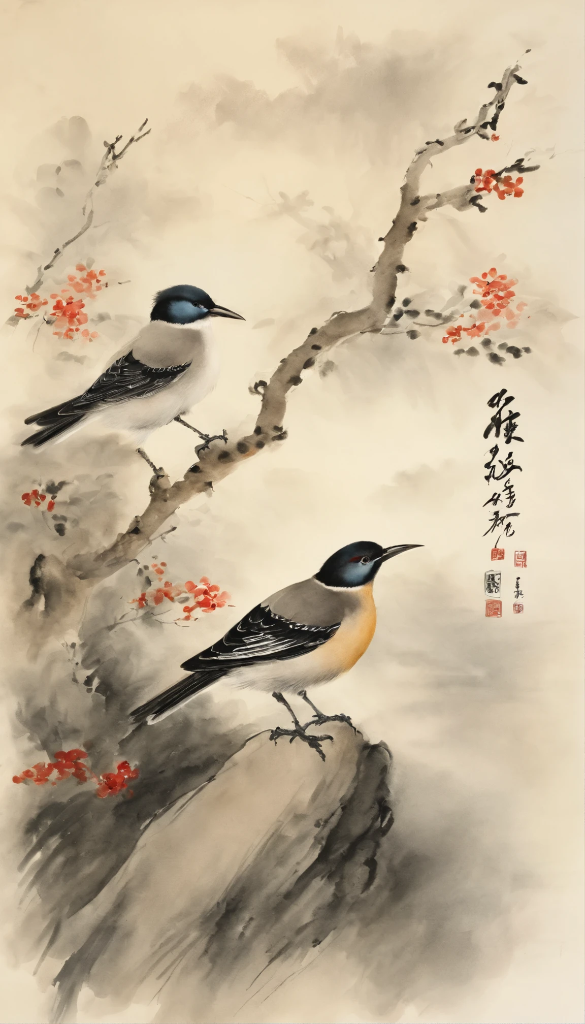 There are two birds sitting on a rock under the tree, Chinese watercolor style, Chinese painting style, Chinese style painting, Traditional Chinese Ink Painting, author:Dai Xi, Traditional Chinese painting, author:Sheng Maoye, author:Park Hua, author:Wu Zuoren, author:Dai Jin, author:Qu Leilei, Chinese ink painting, by Ai Xuan