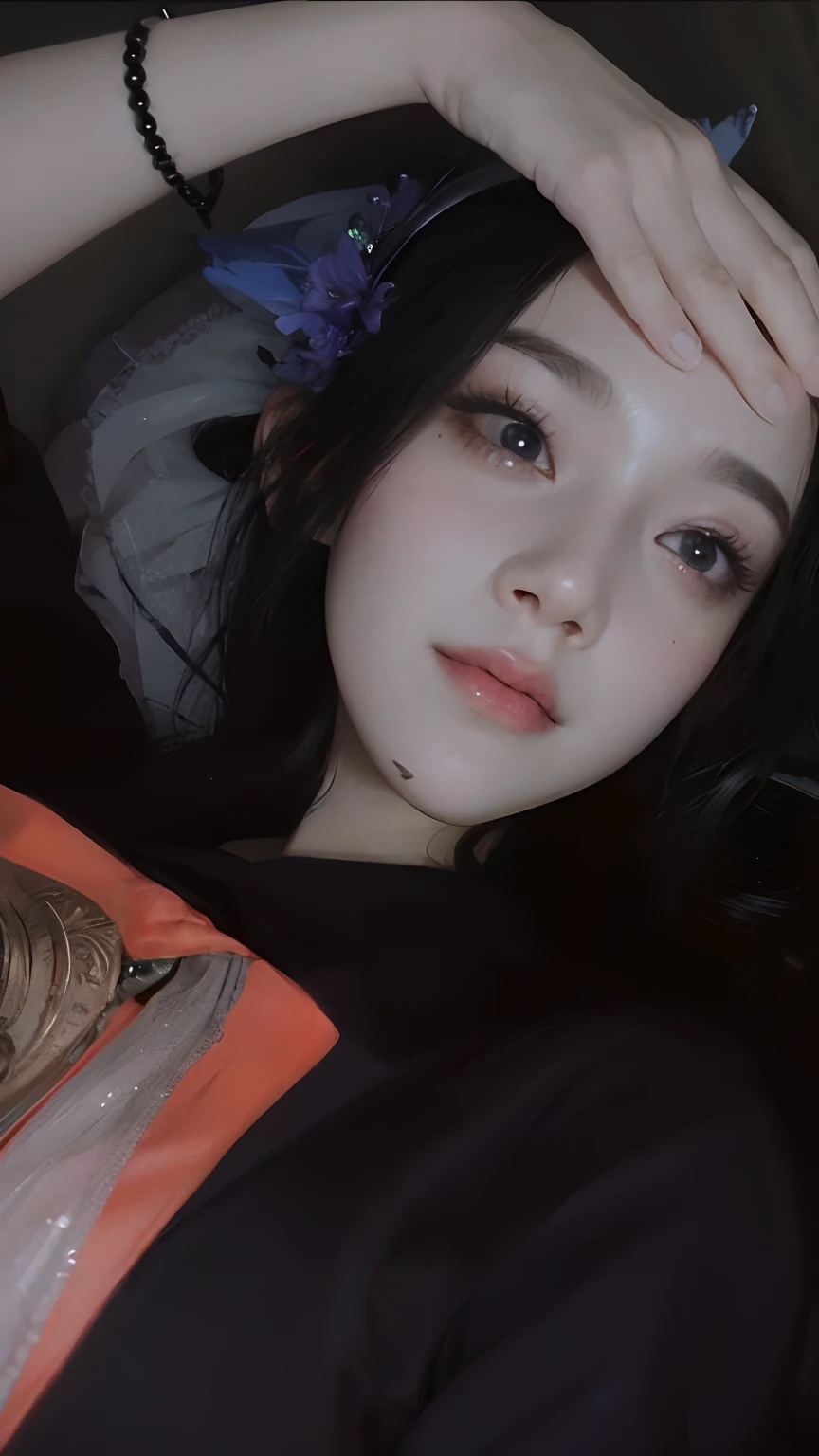 1girll,（enchanced quality：1.4），（Top quality true texture skin), Delicate face,Black hair, Gradient hair, Petite body,（perfect bodies：1.1）, There are precious stones on the forehead, rimless eyewears, Sparkling pupils，long eyelasher,grin, hyper photorealism, Cinematic lighting, projected inset, surrealism, hyper HD, Masterpiece, 16k，Lie down，dream on，Wear transparent silk pajamas,Carmelto,Legs slightly open，Tattooed with，Fantasy space，Luxurious space
