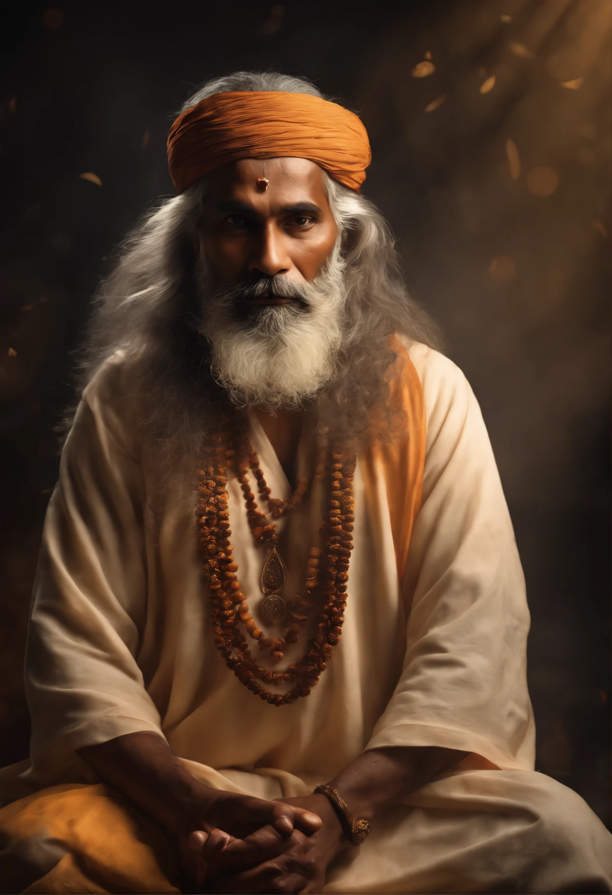 "A person resembling an Indian babaji, priest, rishi, monk, yogi, spritual guru, he looks like mixers of australoid and negro race, indian, he has captured in a medium shot, sparks, glossy, dust particles, 3D look, sunshine, feathers, HD, flowers, studio, digital studio, Glowing hair, glossy eyes,((ultra realistic:1.8)),((Best quality)), ((Masterpiece)),((Detailed)),RAW, (Upper body shot:1.3),(Full body portrait:1.2)."