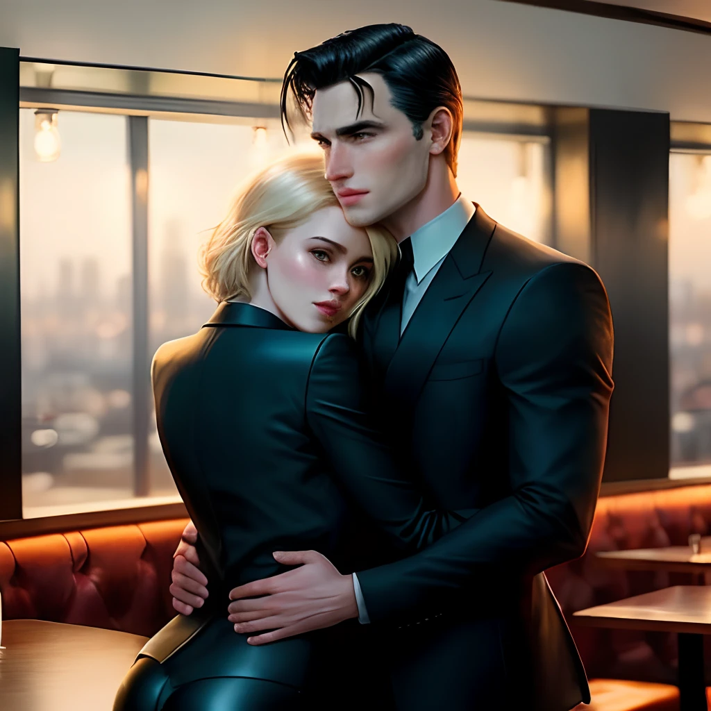Bruce Wayne is a handsome man wearing a black suit, attractive without a beard, strong facial features, a woman with blond hair styled and flirtatious, wearing a black jacket and transparent pants, hugging each other affectionately as Bruce grabs her buttocks in the restaurant.