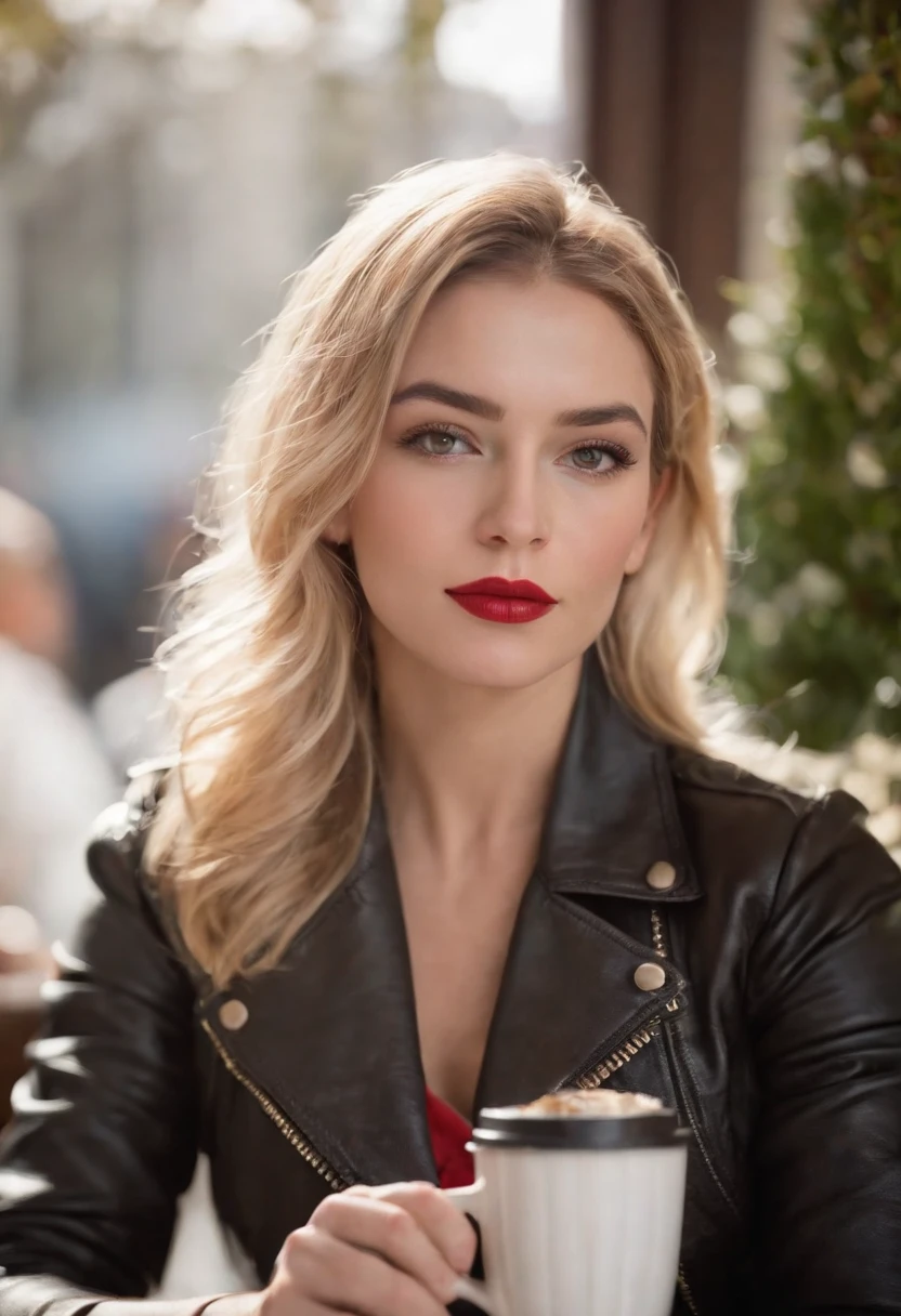 2010s fashion, medium close up, canon ef 85mm f/1.2l ii usm, (2 girls), (large breast) 2 blond women are sitting with their coffee in a restaurant, wearing a black leather jacket and red lips, emphasis on facial expression, street fashion.