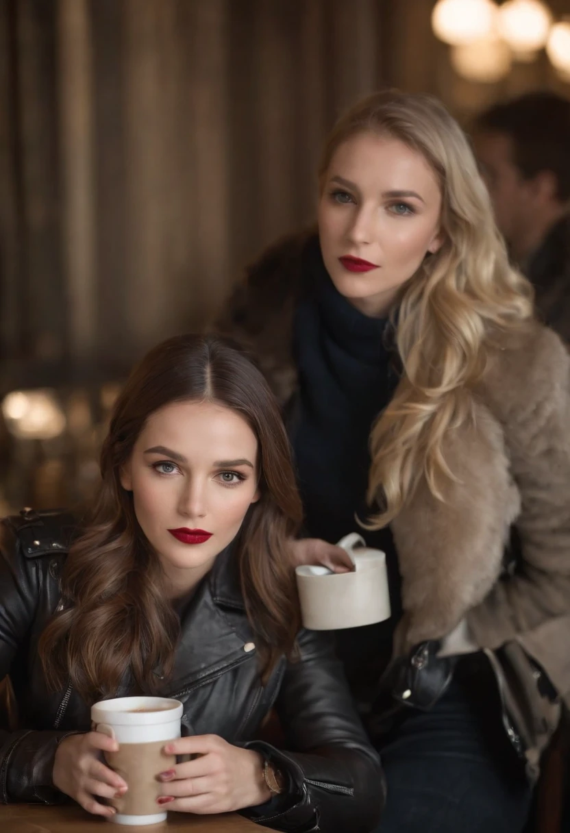 2010s fashion, medium close up, canon ef 85mm f/1.2l ii usm, (2 girls), (large breast) 2 blond women are sitting with their coffee in a restaurant, wearing a black leather jacket and red lips, emphasis on facial expression, street fashion.