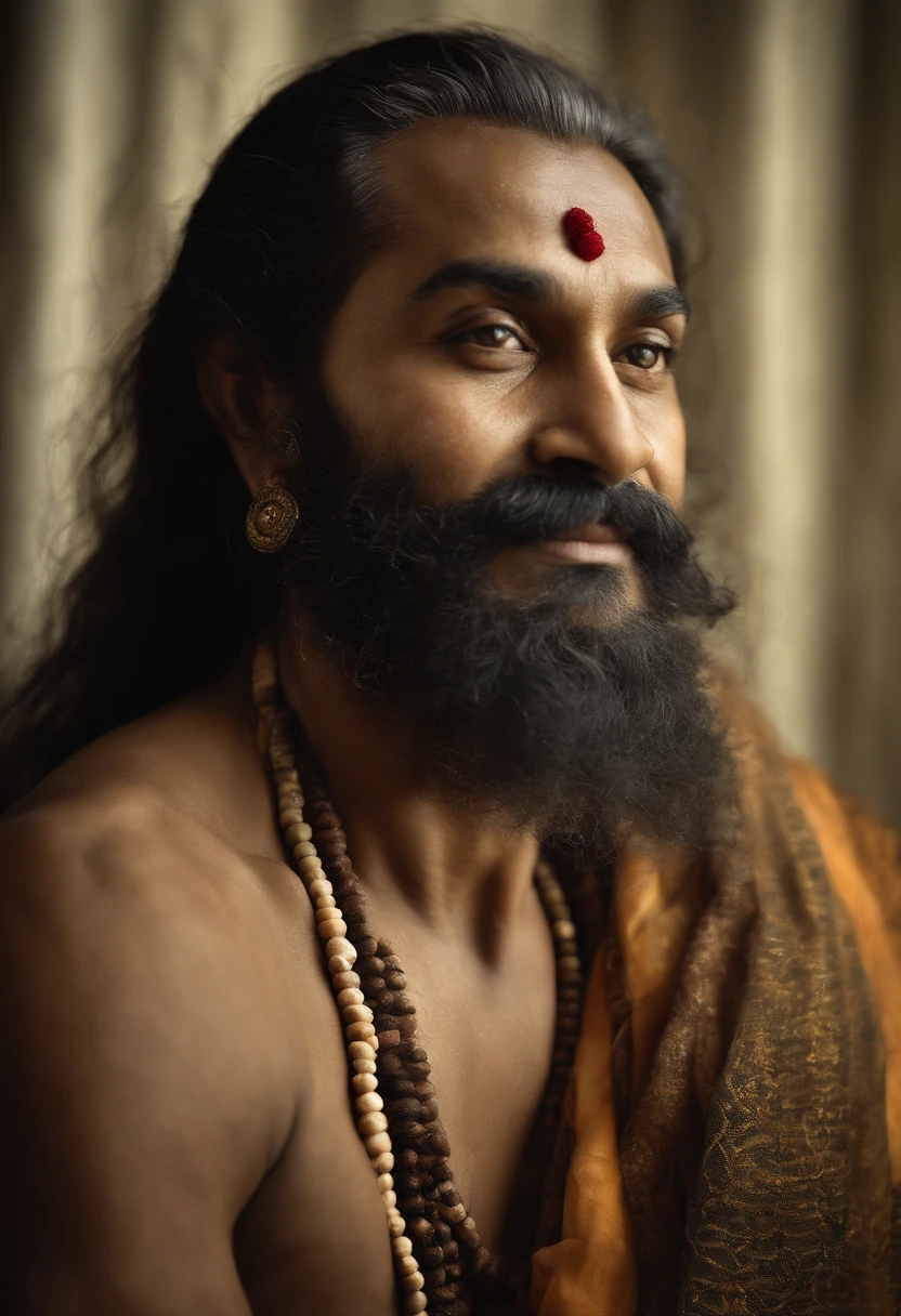 "A person resembling an Indian babaji, priest, rishi, monk, yogi, spritual guru, guruji, he looks like mixers of australoid and negro race, indian, he has captured in a medium shot, sparks, glossy, dust particles, 3D look, sunshine, feathers, HD, flowers, studio, digital studio, Glowing hair, glossy eyes,((ultra realistic:1.8)),((Best quality)), ((Masterpiece)),((Detailed)),RAW, (Upper body shot:1.3),(Full body portrait:1.2)."