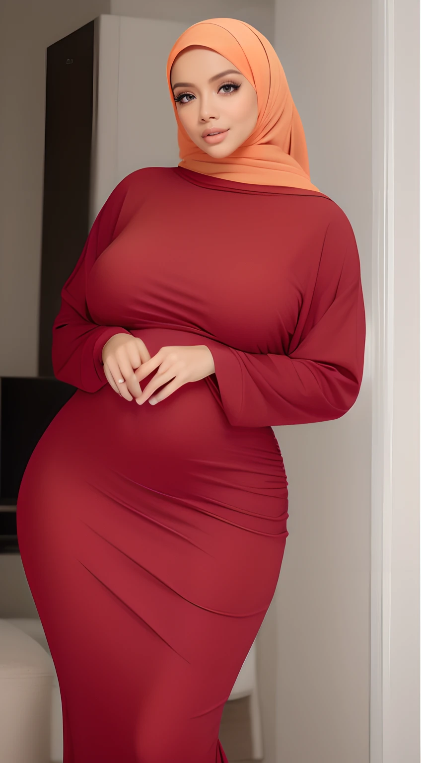 (NSFW,highres:1.2),1 girl,perfect body shape, slim waist, curvy hourglass figure, full body picture, skinny waist and thick hips,full body view,big boobs,wearing tight dress,beautiful detailed eyes,long eyelashes,natural makeup,soft smile,she has a jiggly fat round belly,vivid colors,studio lighting,physically-based rendering,digital artwork,bokeh