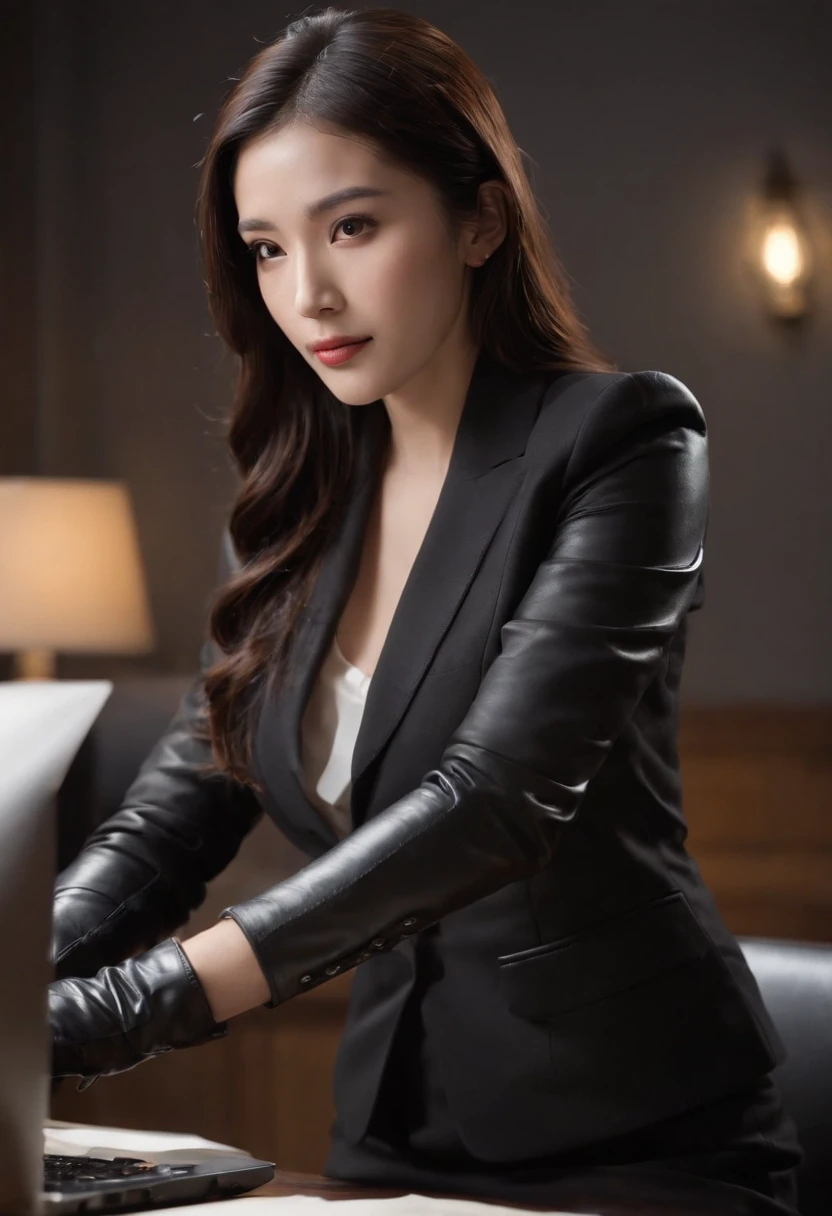 Wearing black leather gloves in both hands, upper body, black business suit, facing the desk in my room with a computer in the dark, operate the computer keyboard with the fingertips of black leather gloves while looking at the screen, long, black hair bundled in the back, Japanese female new employee (black leather gloves cover both hands) (angle is in the front)