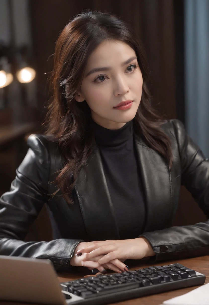Wearing black leather gloves in both hands, upper body, black business suit, facing the desk in my room with a computer in the dark, operate the computer keyboard with the fingertips of black leather gloves while looking at the screen, long, black hair bundled in the back, Japanese female new employee (black leather gloves cover both hands) (angle is in the front)