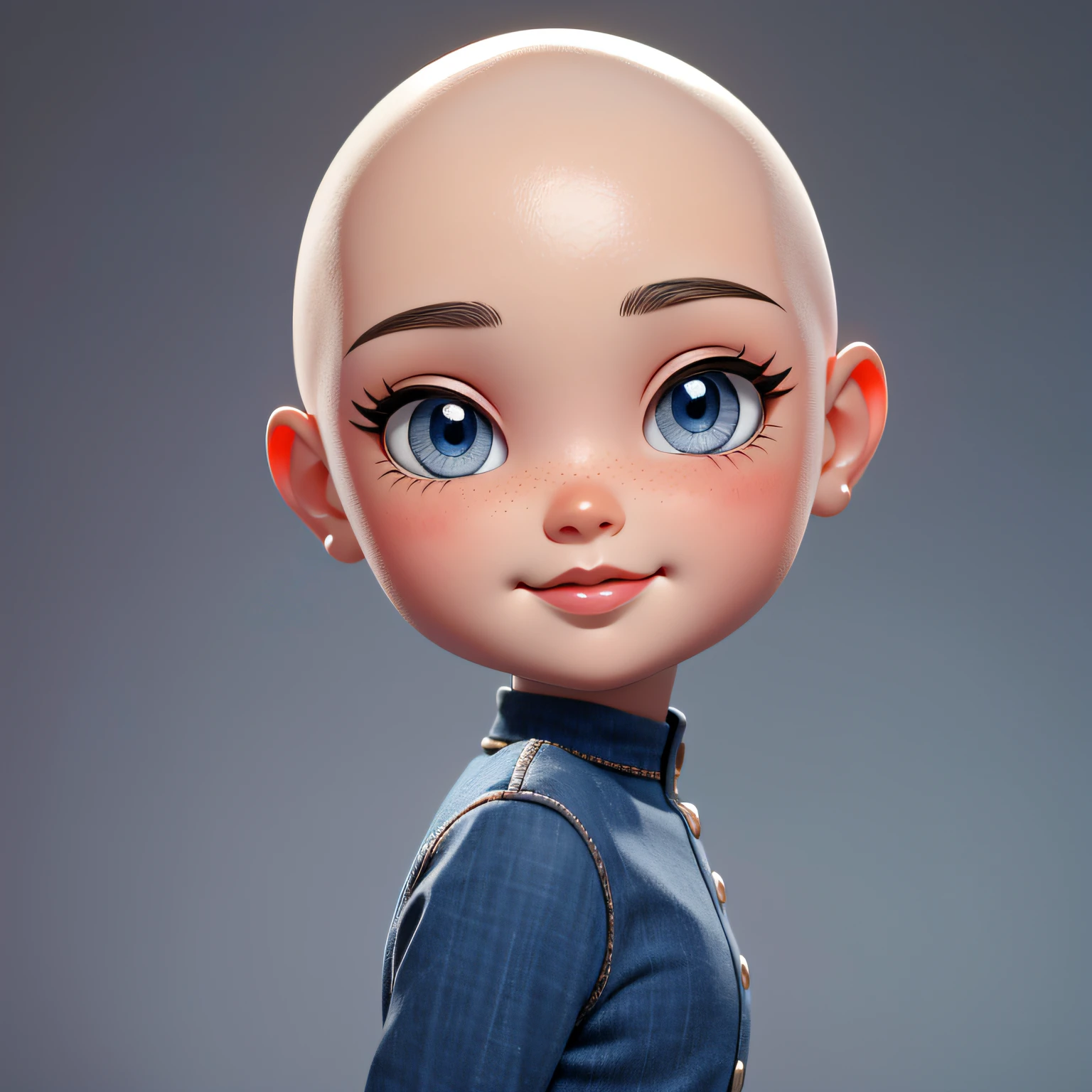 Create a cartoon-style drawing of a head front side pose lovely doll girl with a skin head, no hair head, sharp focus, 8k, highres, high quality, high details, white background, slightly smiling girl, resembling a Blythe doll. clear blue-grey eyes with very long curl lashes, a small cute nose, standing front side straight head pose, big cheerful eyes, looking at the camera , chibi