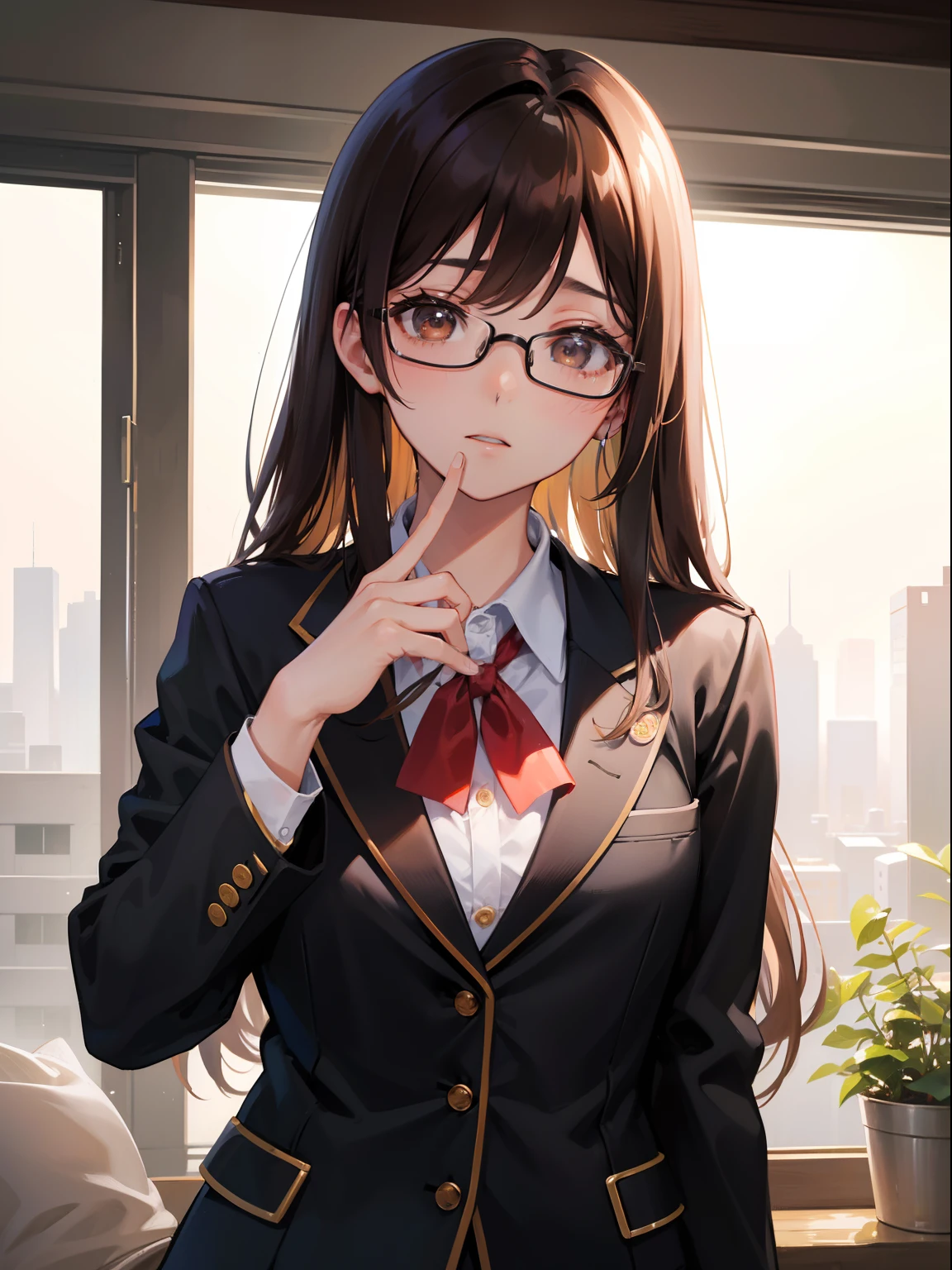 1人の女性、brown haired、Brown eyes、Black-rimmed glasses、 Best Quality、ultra-detailliert、8K resolution、Raw photo、masutepiece、gorgeous faces、Perfect body、schools、Blazer Uniform