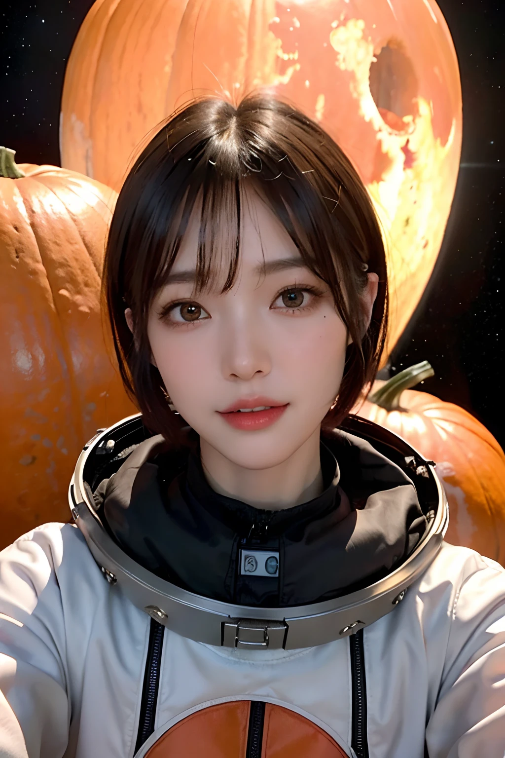 top-quality、masterpiece、超A high resolution、(realisitic:1.4)、Beautuful Women1、Beautiful detail eyes and skin、ssmile、Light brown short-cut hair、The perfect spacesuit、spaceships、Mysterious planet、Red sky、Giant pumpkin、
