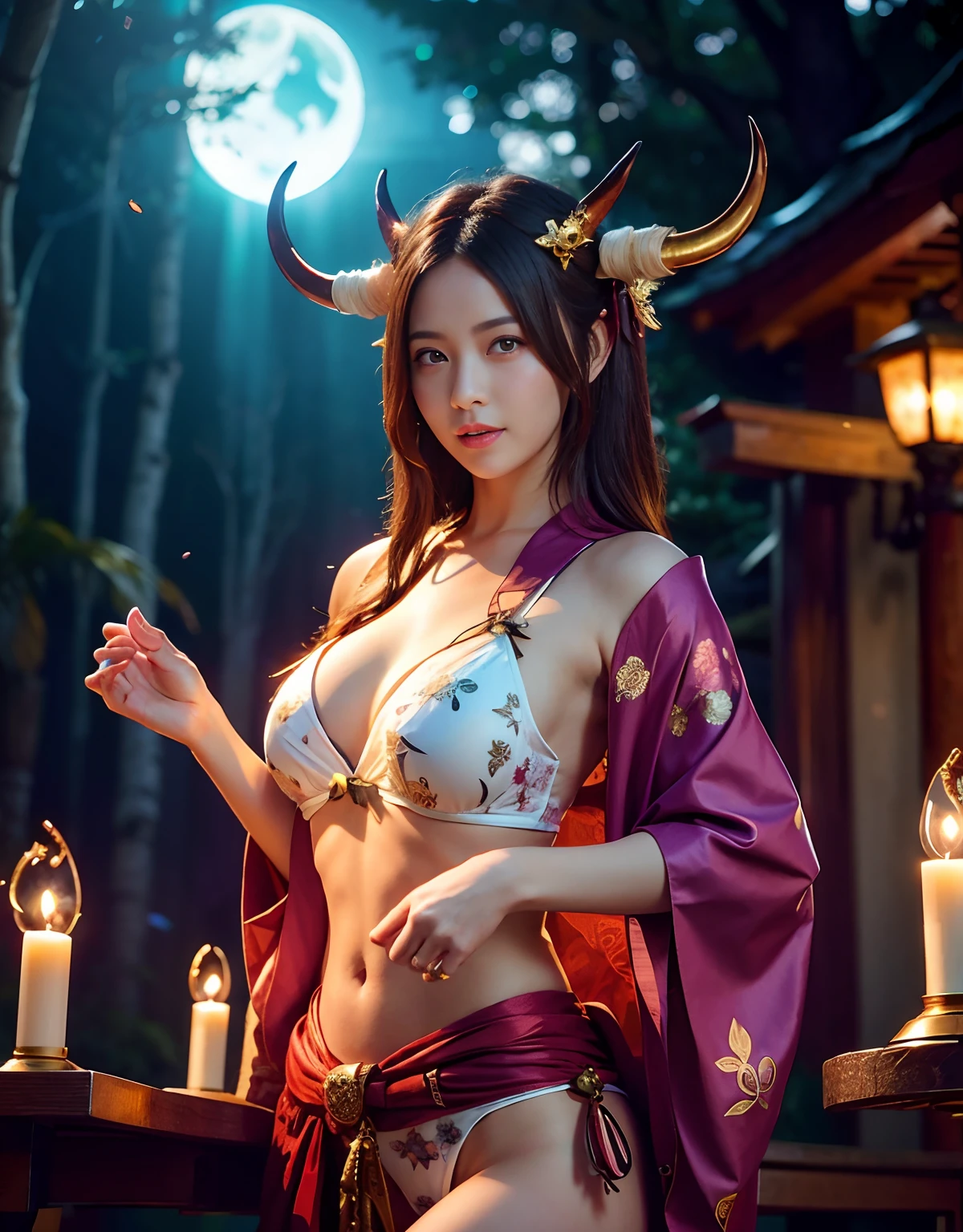 ((World of Darkness)),Professional , ​masterpiece、top-quality、photos realistic , depth of fields 、（sexypose）、(Background of cherry blossoms in full bloom),（Ultimate Beauty）、A dark-haired、（White  armor)、（Kimono with beautiful pattern）、（Night background）、（（Wearing a skeleton helmet））,(Wear a beautiful kimono),（Wear a beautiful kimono with colorful floral patterns）、Jewel Gold Weapon、Particles of light),（Has a devil's mask）、Gorgeous gold weapons ,Skeleton population、（（ Gorgeous Dragon Sword）） , （a dark night）,,（maikurobikini） 、（（Black Haired Beautiful Girl））、（Castle background）、（demonic wings）、（（Gangle's forest background））、Beautiful Caucasian beauty、１a person、dynamic ungle,(((Two devil's horns on the head)))、Smaller head、Idle Smile、Thin and beautiful female hands、Mystical expression、Light Effects、intense fighting、Wind-effect、magic circles、With the legendary magic wand、Dragon's tail、