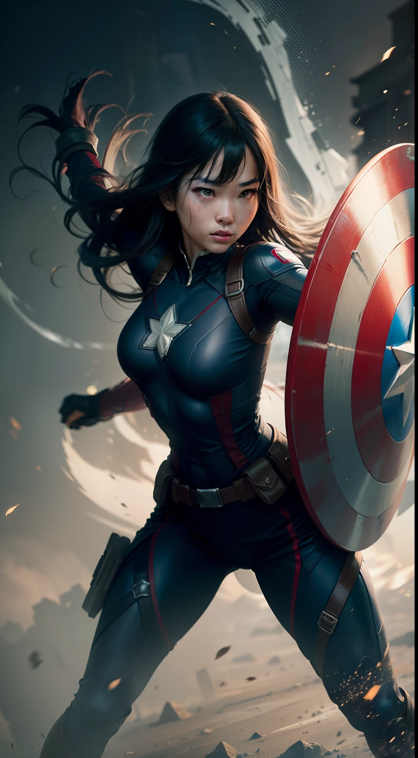 Chinese girl figured as a heroes of captain america from avenger (mcu), full body showing, battle pose, holding a a captain america shield in right hand, realistic, focus light and shadow, high contrast, ultra detailed shot, full body potrait, cinematic, full hd 1080 pxl