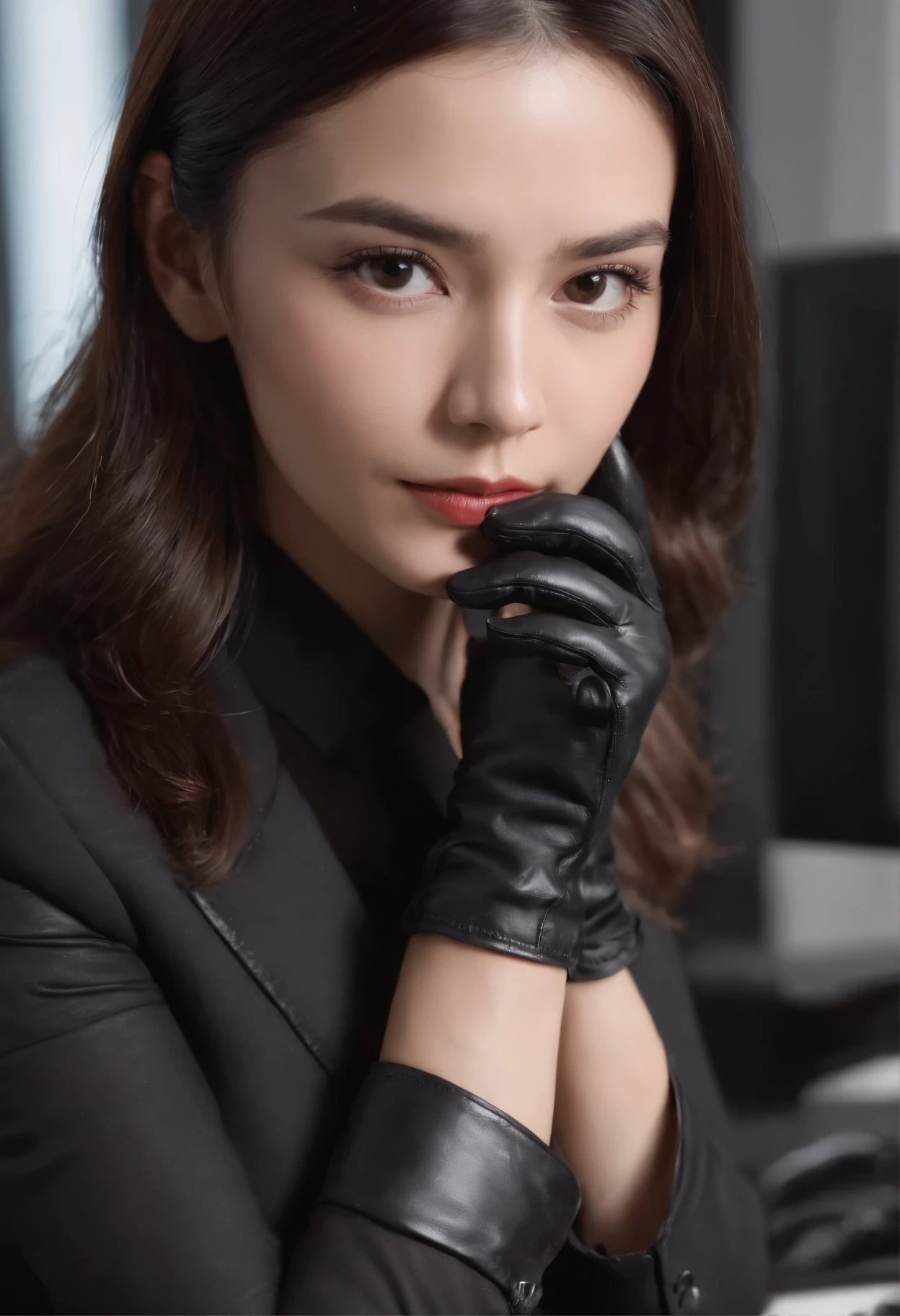 Wearing black leather gloves in both hands, upper body, black business suit, facing the desk in my room with a computer in the dark, operate the computer keyboard with the fingertips of black leather gloves while looking at the screen, long, black hair bundled in the back, Japanese female new employee (black leather gloves cover both hands) (angle is in the front)