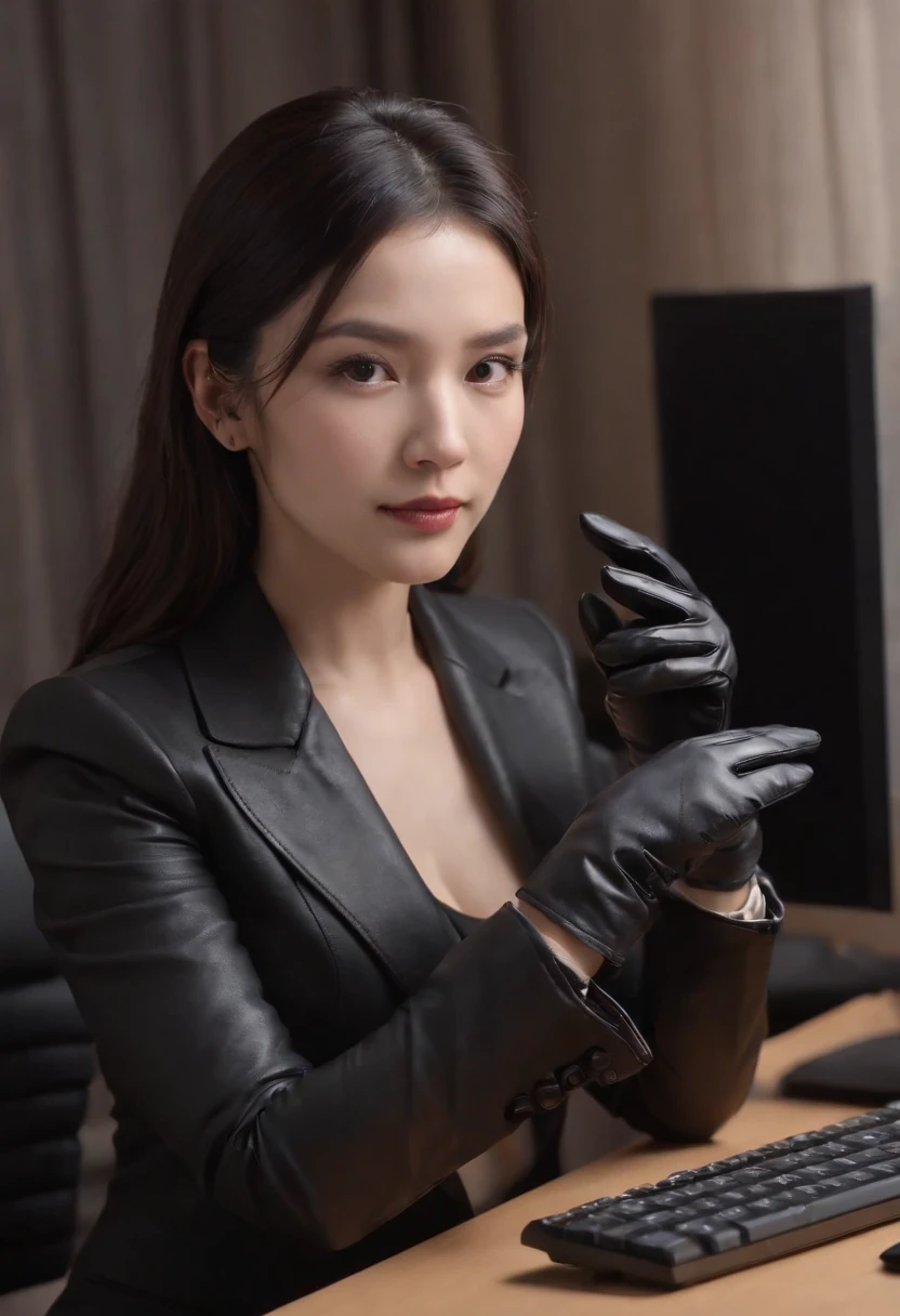 Wearing black leather gloves in both hands, upper body, black business suit, facing the desk in my room with a computer in the dark, operate the computer keyboard with the fingertips of black leather gloves while looking at the screen, long, black hair bundled in the back, Japanese female new employee (black leather gloves cover both hands) (angle is in the front)