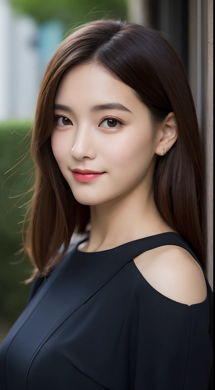 ((best qualtiy,8k,tmasterpiece:1.3)), 1girll, ssmile, full bodyesbian, Slim Faces, Beautiful woman, (dark brown hair), full length dress :1.1, Super detailed face, Detailed eyes, 二重まぶた, blur backgroun, Slim Faces, 城市, do lado de fora, the street,full bodyesbian