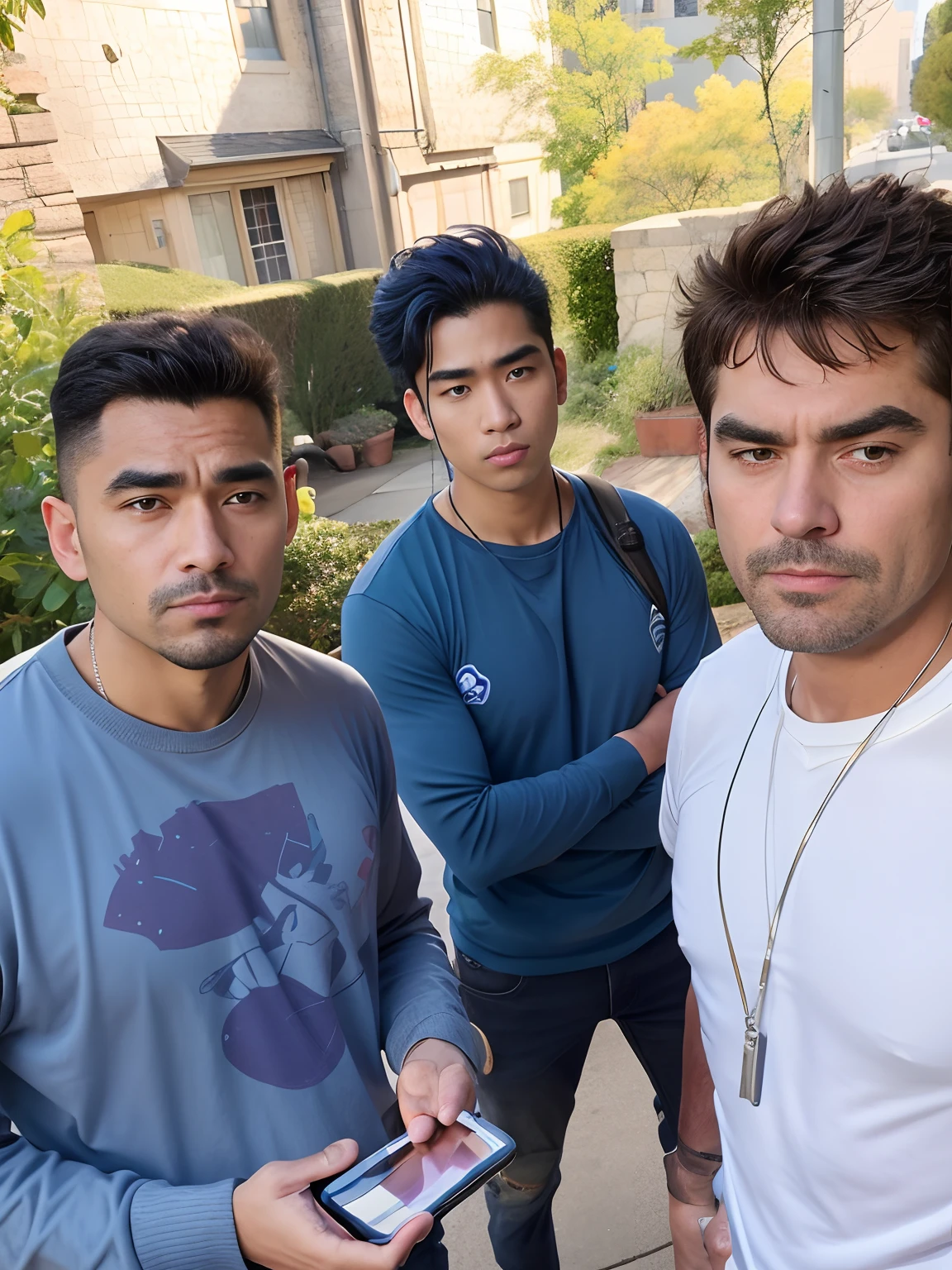 three men standing next to each other holding a cell phone, shot on iphone 1 3 pro max, on set, behind the scenes photo, menacing look, shot on iphone 1 3 pro, meet the actor behind the scenes, looking defiantly at the camera, taken on iphone 1 3 pro, glaring at the camera