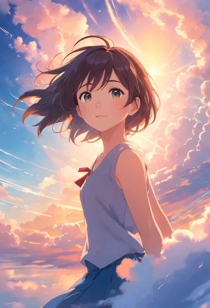 masterpiece, best quality, movie still, 1girl, cloud girl, floating in the sky, close-up, bright, happy, warm soft lighting, sunset, (sparks:0.7)