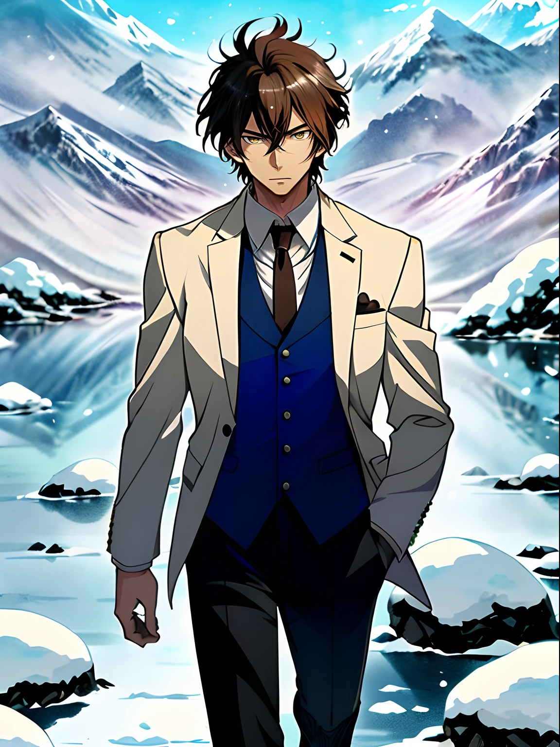 Anime image of a brown-haired man in a white suit and blue tie standing under a snowy mountain,by lake, Shinkai sincerely, New Xiangcheng, Honest, ryuta ueda artwork, offcial art, Anime handsome man, inspired by Hisui Sugiura, koyoharu gotouge, inspired by Okumura Togyu, hijikata toushirou, makoto kano