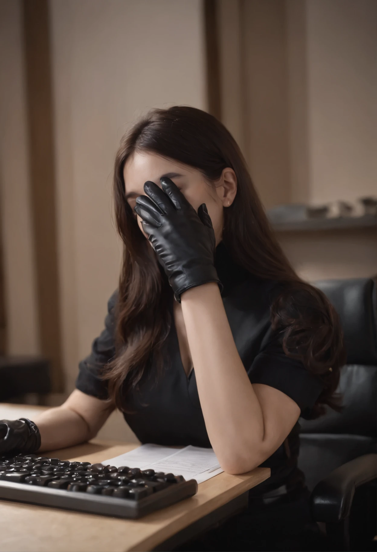 Wearing black leather gloves in both hands, upper body, black business suit, facing the desk in my room with a computer in the dark, operate the computer keyboard with the fingertips of black leather gloves while looking at the screen, long, black hair bundled in the back, Japanese female new employee (black leather gloves cover both hands) (angle is in the front)