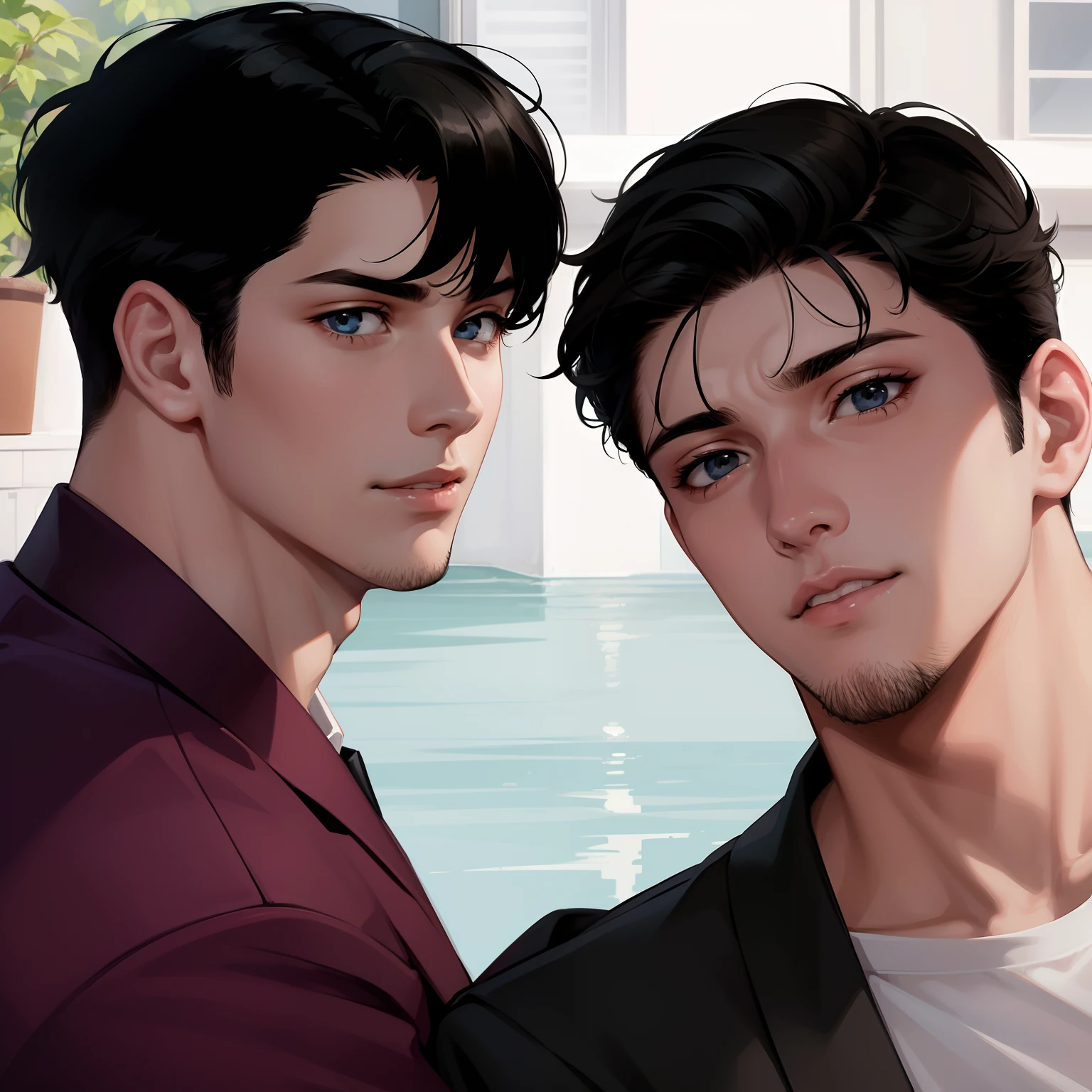 sweet couple, both male, handsome guys, clean face