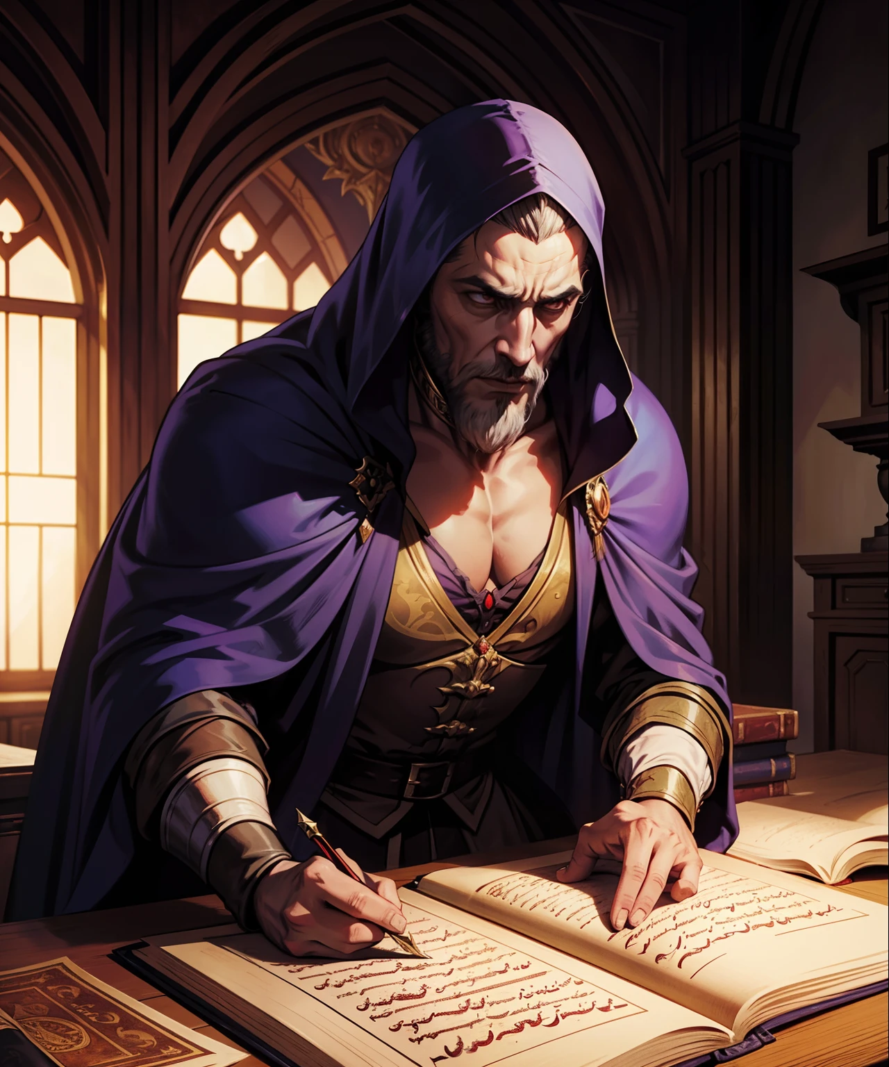 Castlevania Shadow Lord hyper realistic super detailed Dynamic shot centerpiece of Lord Dracula discussing ancient manuscripts with demons and Islamic princess scholars hyper realistic great scenes
