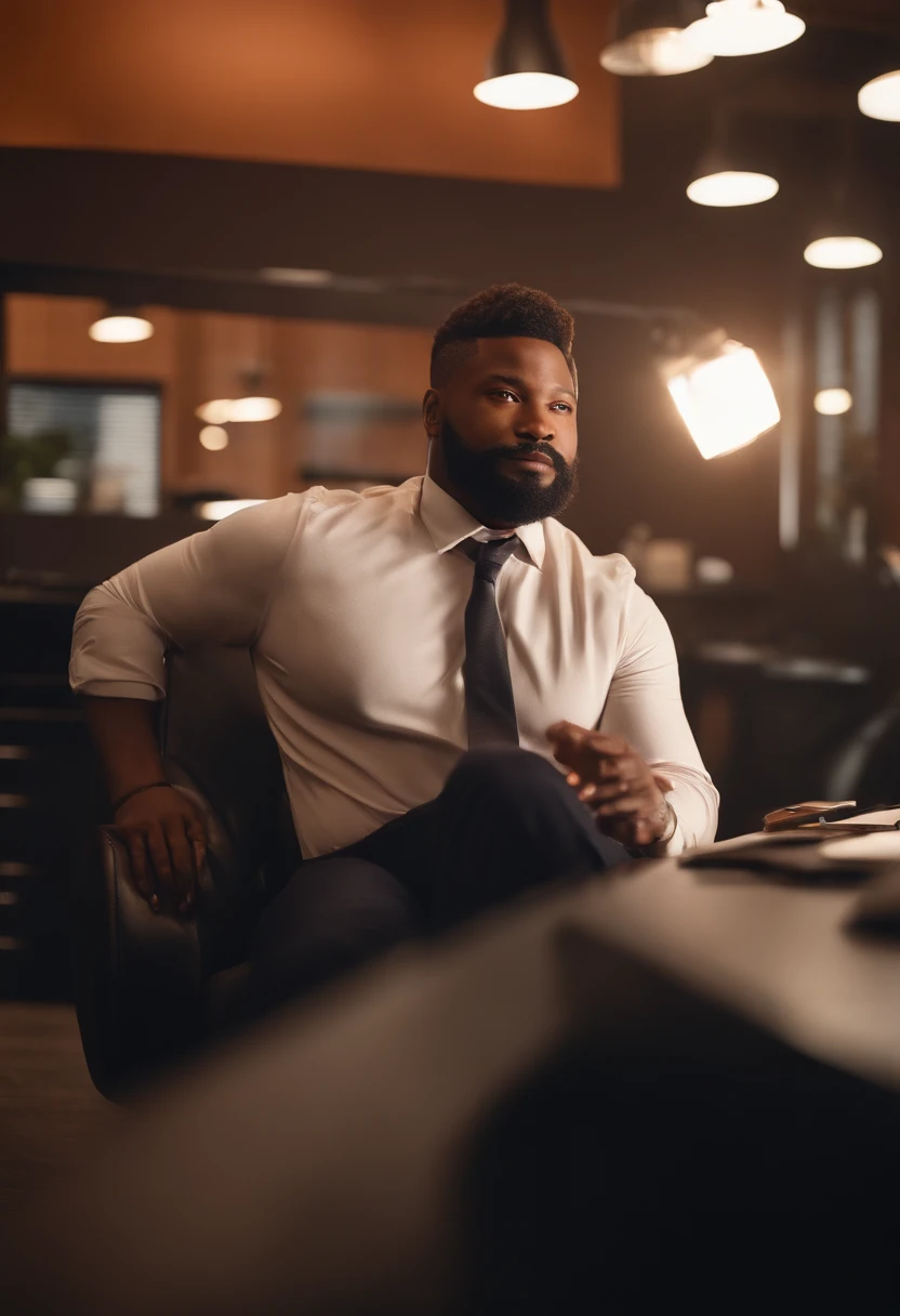 a 20 year old man, square jaw, square face, high chin, short slid back orange hair, brown pierce almond shaped eyes, black skin, smile expression, big cheekbone, beard only on chin, a mustache, dad bod, goofy dad expression, goofy dad vibe, wide nose, wearing red elegant politician suit, fat overweight body, background a office, Edward Robert Hughes art style, cool color grading, rear projection, light leaks, long exposure, lens flare, close-up shot, extreme close-up, realistic style