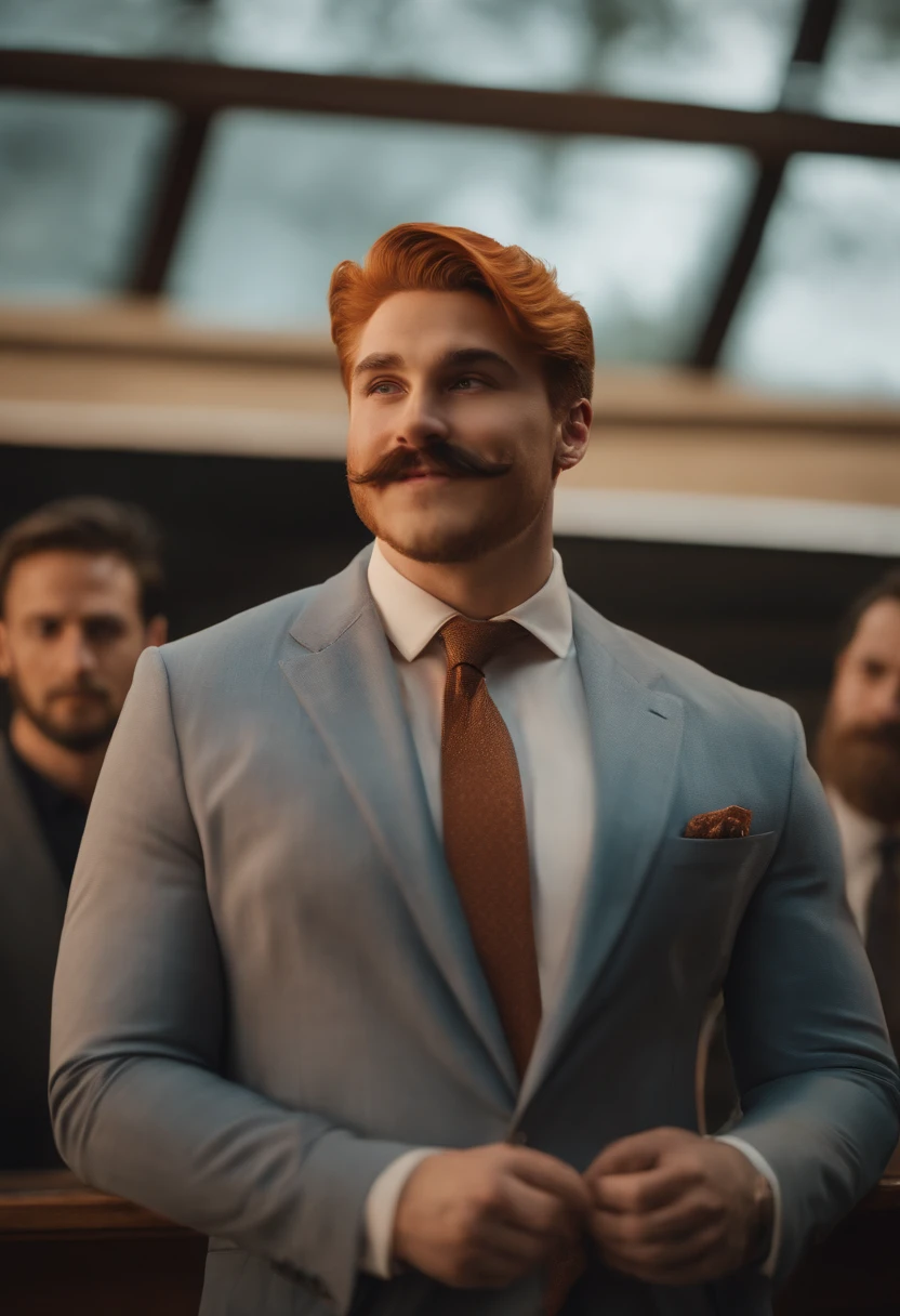 a 20 year old man, square jaw, square face, high chin, short slid back orange hair, brown pierce almond shaped eyes, black skin, smile expression, big cheekbone, beard only on chin, a mustache, dad bod, goofy dad expression, goofy dad vibe, wide nose, wearing red elegant politician suit, fat overweight body, background a office, Edward Robert Hughes art style, cool color grading, rear projection, light leaks, long exposure, lens flare, close-up shot, extreme close-up, realistic style