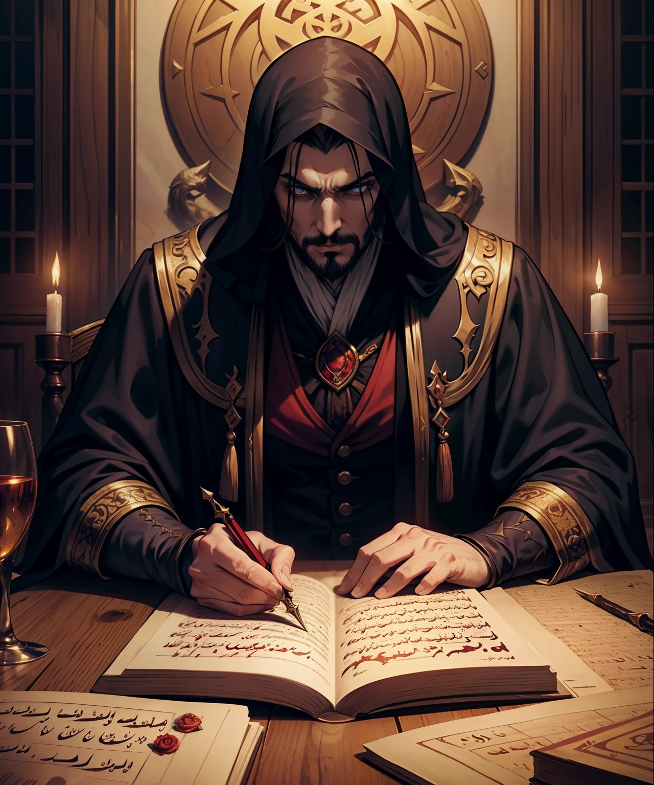 Castlevania Shadow Lord hyper realistic super detailed Dynamic shot centerpiece of Lord Dracula discussing ancient manuscripts with demons and Islamic princess scholars hyper realistic great scenes