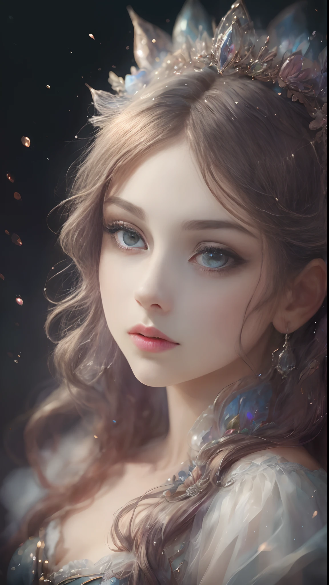 (Best quality, 4K, 8K, A high resolution, Masterpiece:1.2), Ultra-detailed, Realistic portrait, Beautifully detailed eyes, beautiful detailed lips, Detailed expression, Graceful posture, subtly lit, Dreamy atmosphere, Dark-toned background, expressive brush strokes, mystical ambiance, Artistic interpretation, Stunning Studio Ghibli style costumes, a whimsical illustration, Subtle colors and tones, mystical aura,
