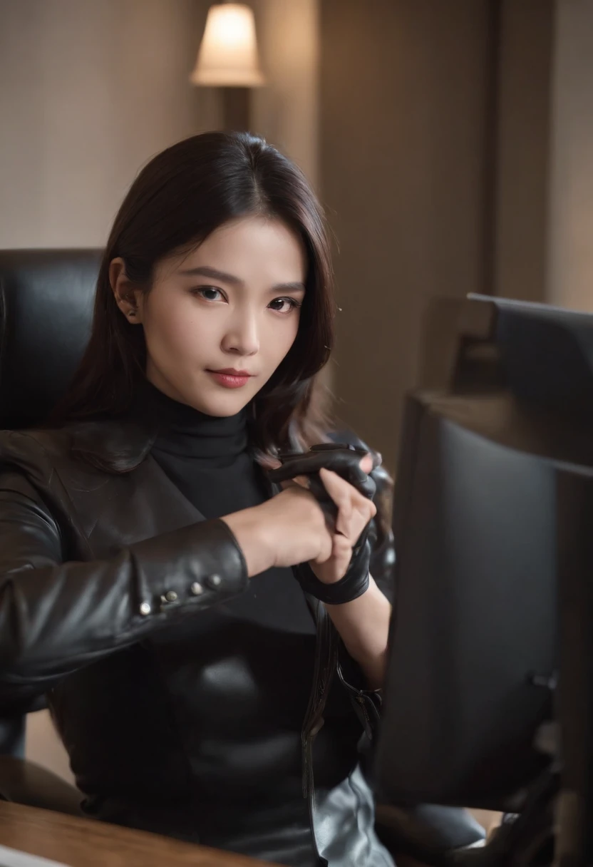 Wearing black leather gloves in both hands, upper body, black business suit, facing the desk in my room with a computer in the dark, operate the computer keyboard with the fingertips of black leather gloves while looking at the screen, long, black hair bundled in the back, Japanese female new employee (black leather gloves cover both hands) (angle is in the front)