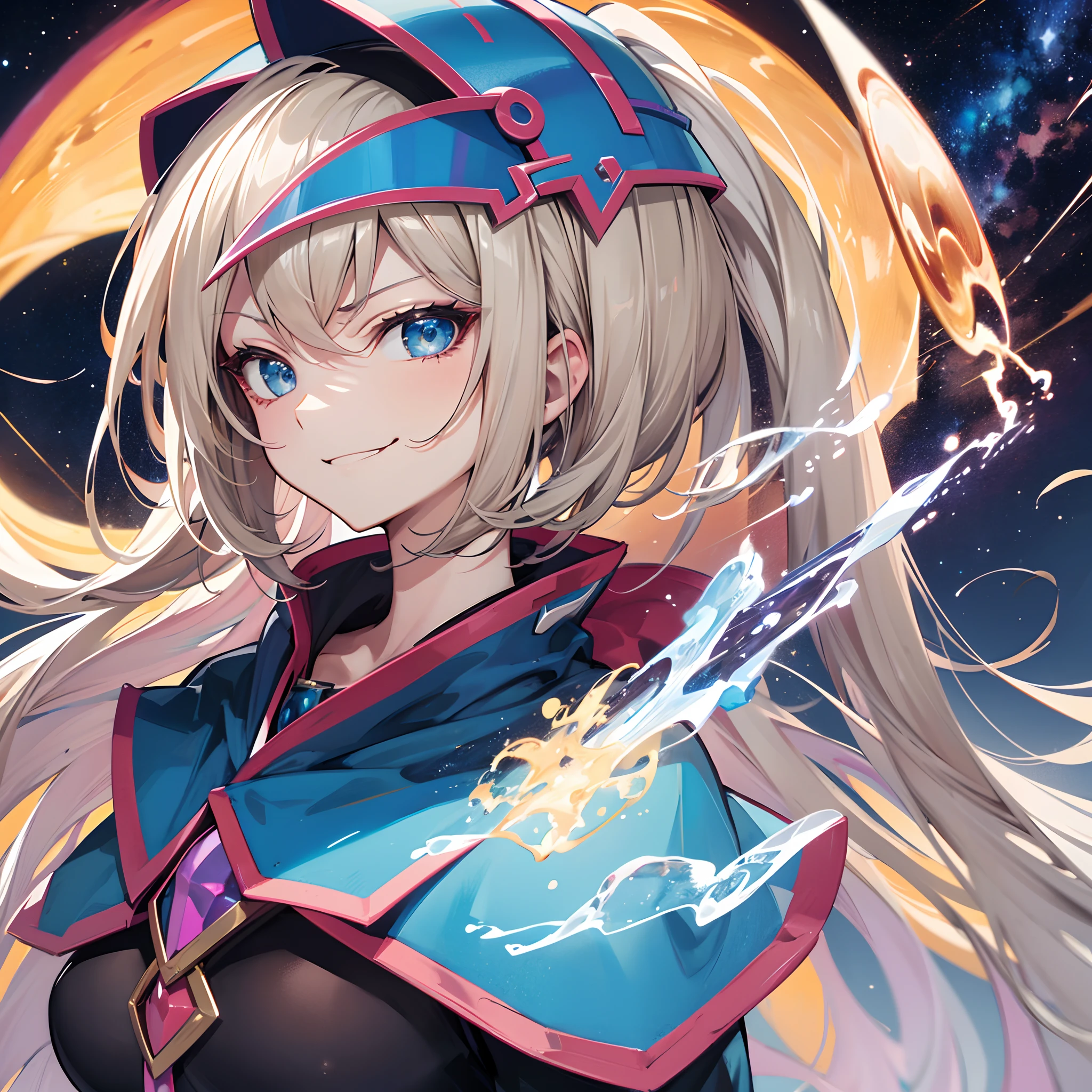 Dark Magician Girl、MKSKS style、two individuals、(highly detailed back ground:1.0)、(highly detailed back ground:1.0)、masterpiece、top-quality、超A high resolution、8K、from the chest up、frombelow、(1/2 Silver、1 Silver/2 Golden brown hair)、BREAK、Detailed skin、glowy skin、(A detailed eye、Blue eyes)、Burning cheeks、(Smirk:1.4)、Large breasts、Break HA、(Rainbow Shirt:1.6、Detailed clothing)、looking in camera、(milkyway:1.5)